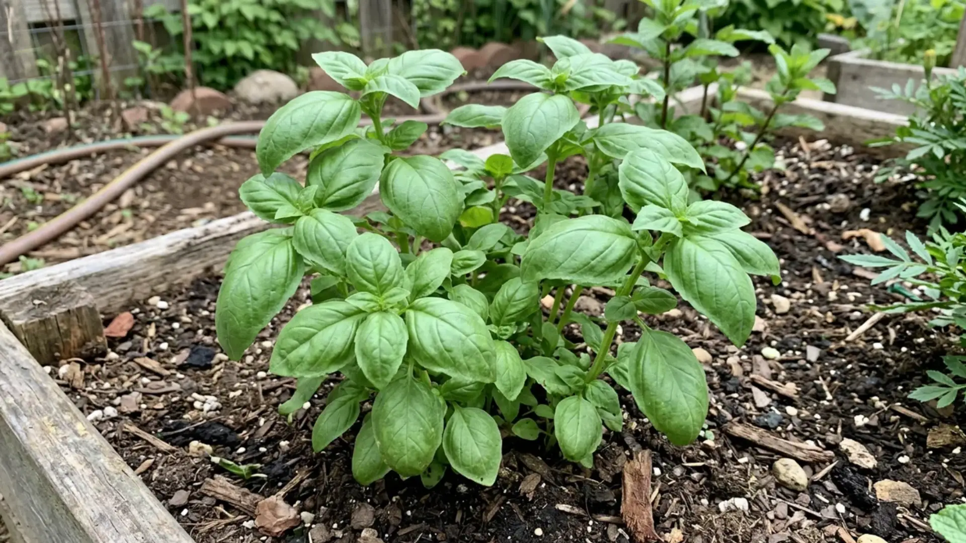 Basil plant with green leaves growing in a home garden bed
