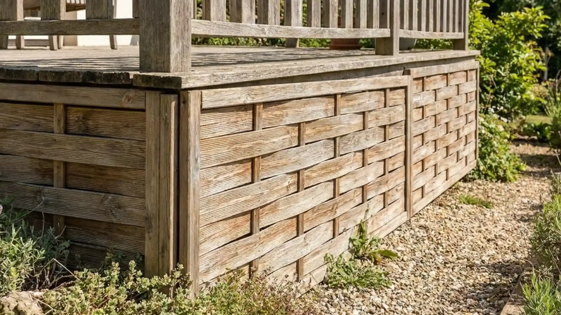 basketweave wood panel deck skirting corner view with gravel and garden shrubs