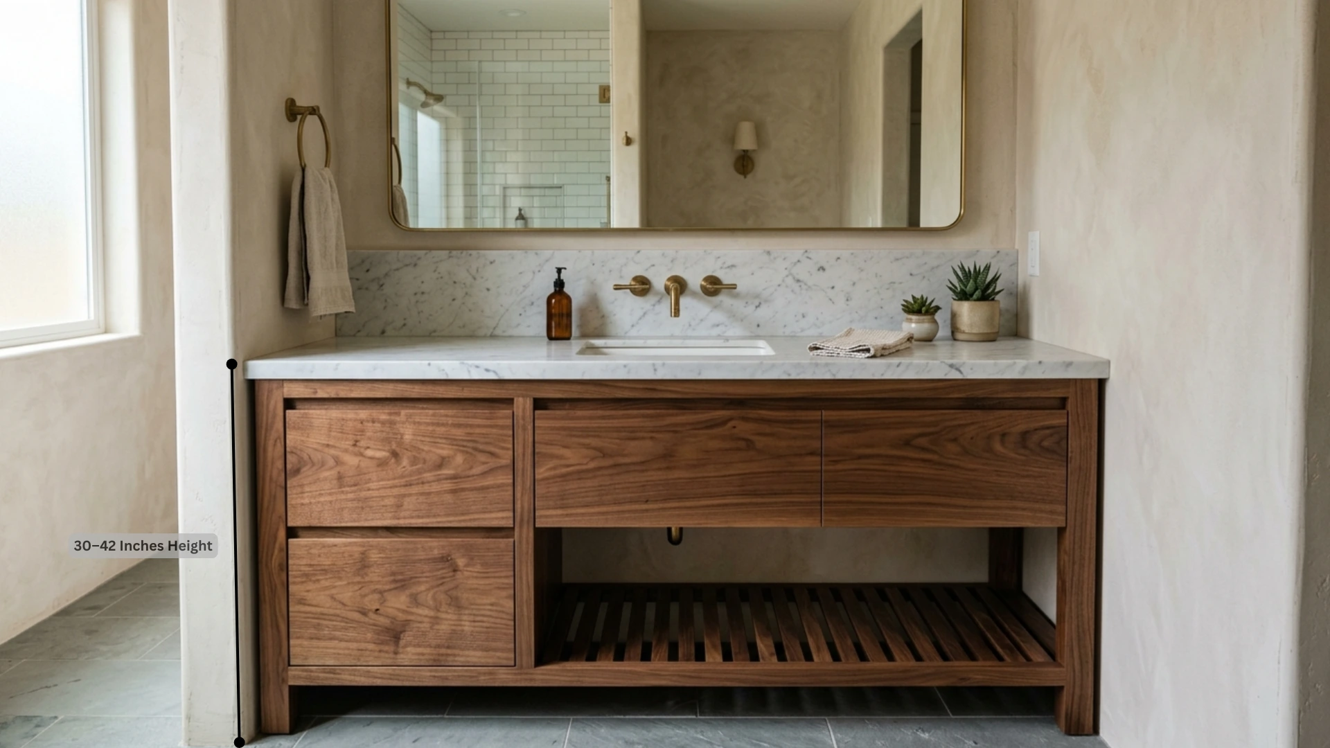 bathroom featuring a wooden vanity with a sink and a large mirror above it, creating a warm and inviting atmosphere