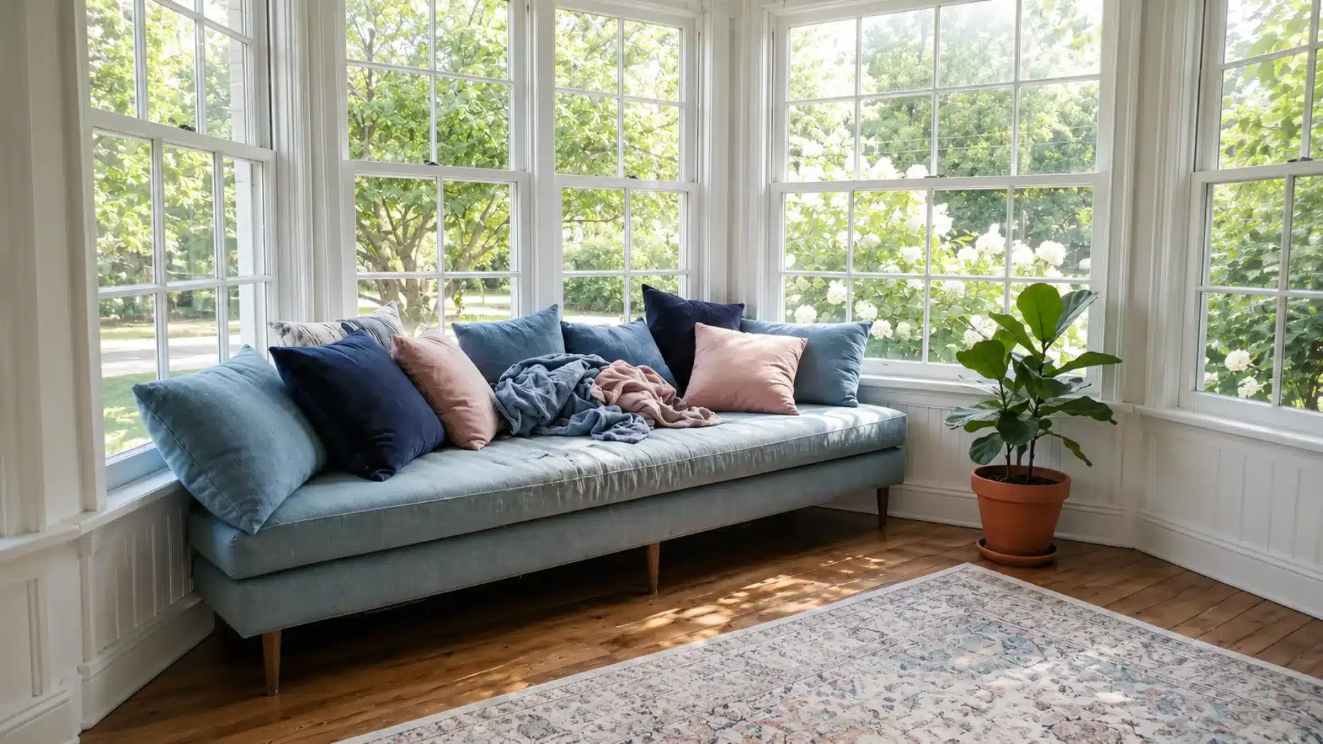 bay window sunroom nook with a blue cushioned bench, layered pillows and a fiddle leaf plant