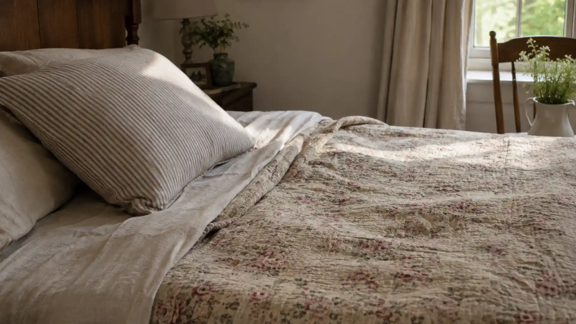 bed layered with floral quilt, ticking stripe and plain linen fabrics