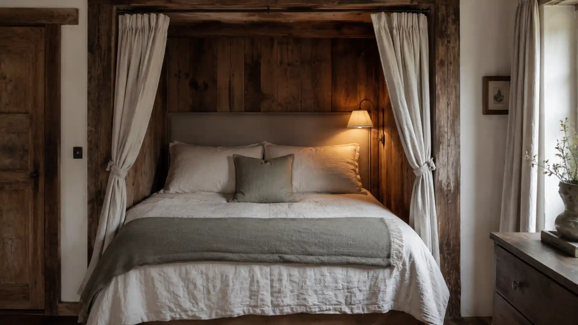 bed tucked into a wall alcove with linen curtains and bedside lamp