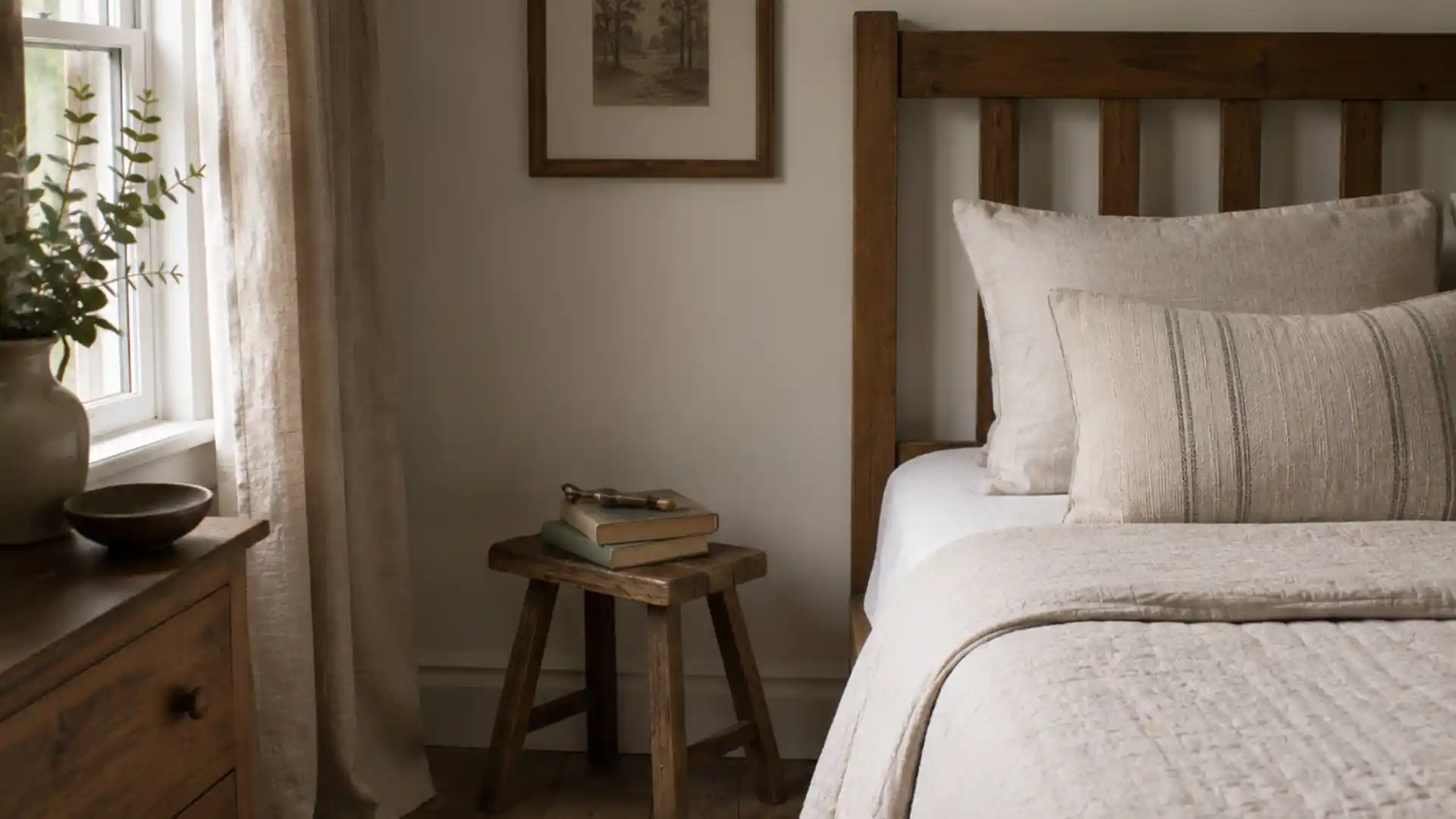 bedroom corner with repeating wood and linen textures across furniture