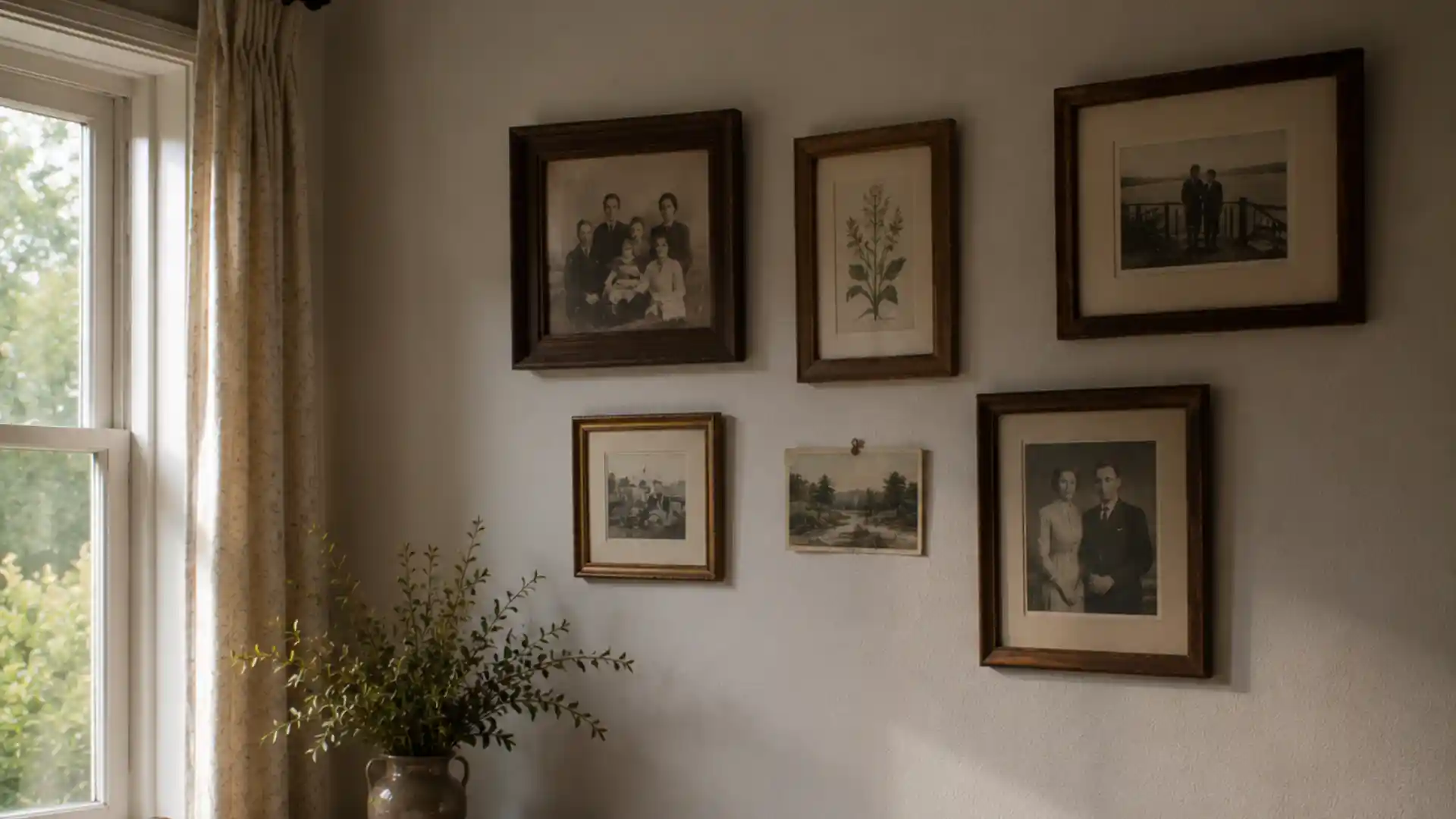 bedroom wall with framed family photos and mismatched vintage frames