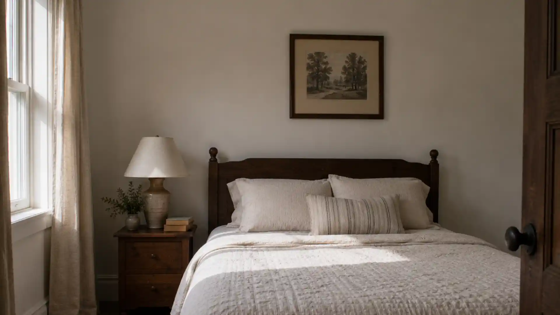 bedroom with single nightstand and off-center wall art for asymmetry