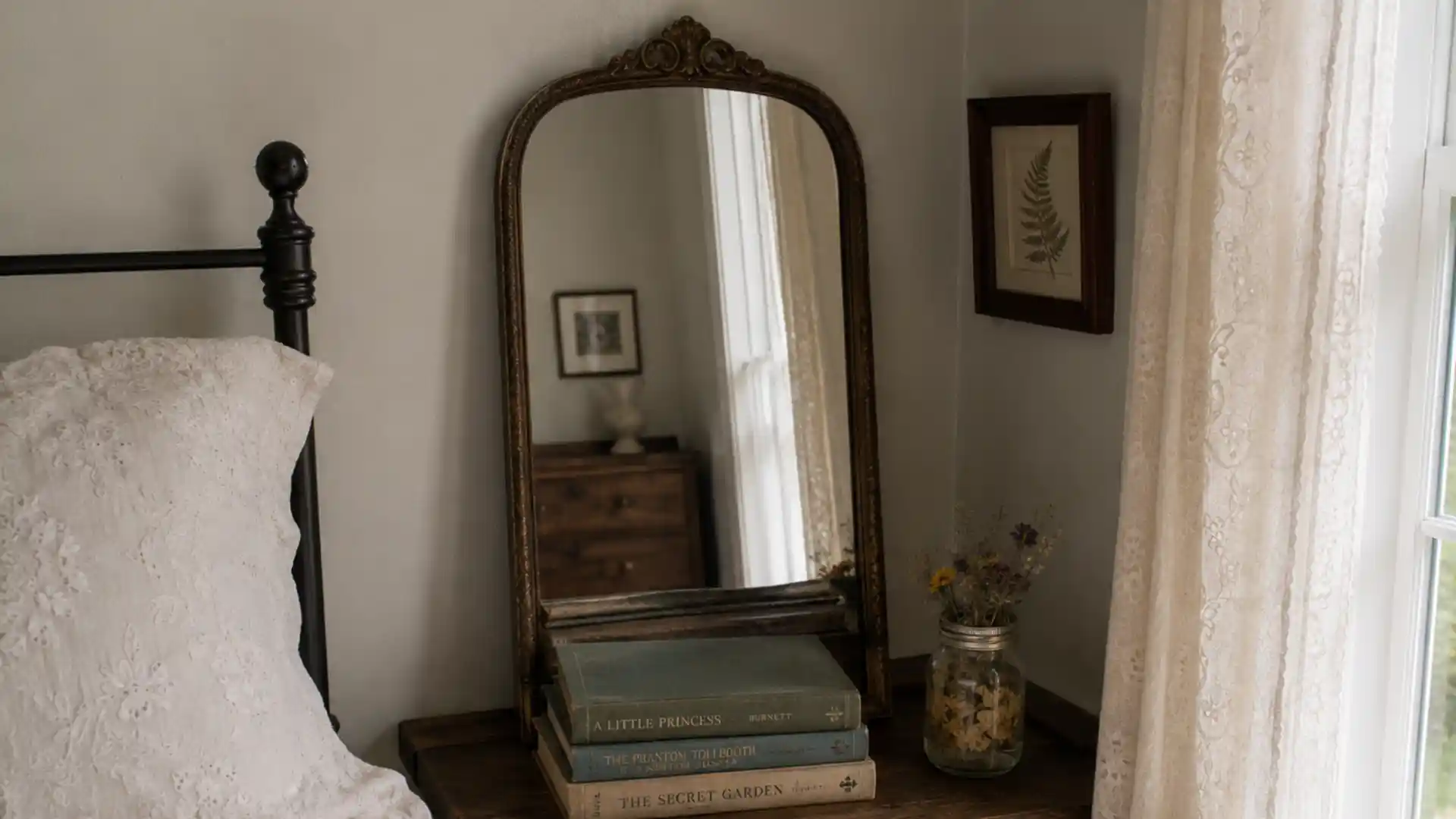 bedside shelf with inherited mirror, old books and pressed flowers