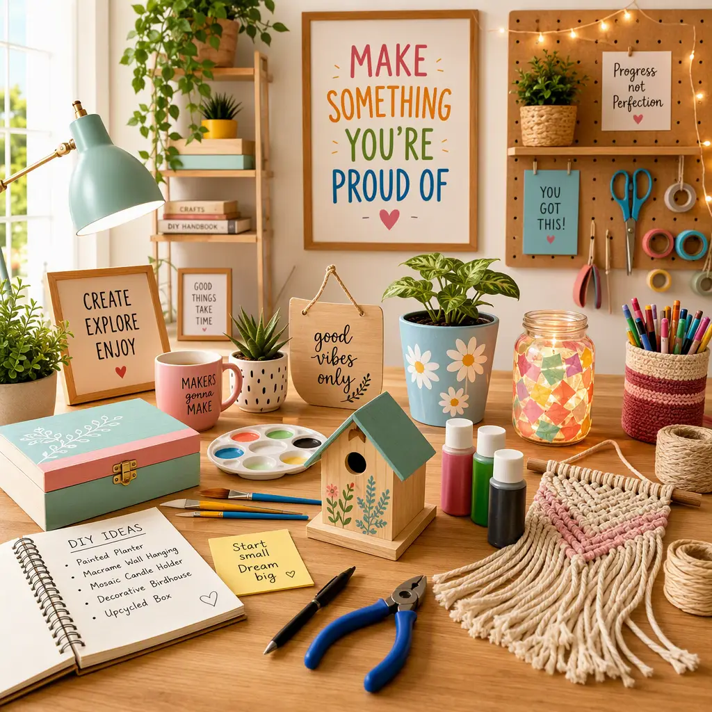Crafting workspace with decorated birdhouse, macrame, colorful paints, plants, and motivational signs
