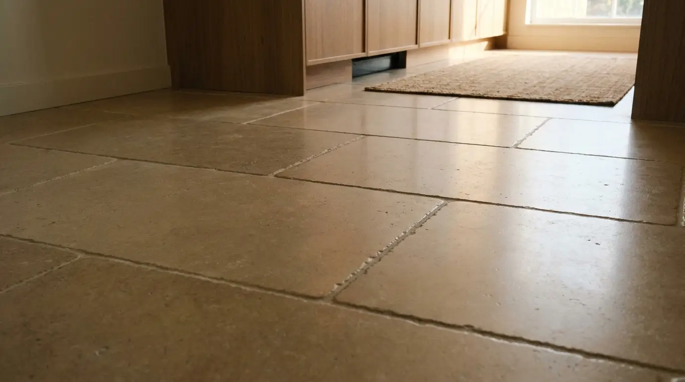 Stone tile floor with natural light shining through window in a wooden cabinet kitchen setting