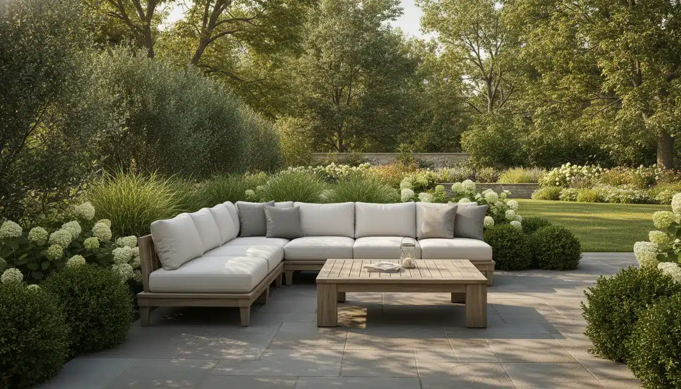 Outdoor patio with beige sectional sofa and wooden table surrounded by lush greenery