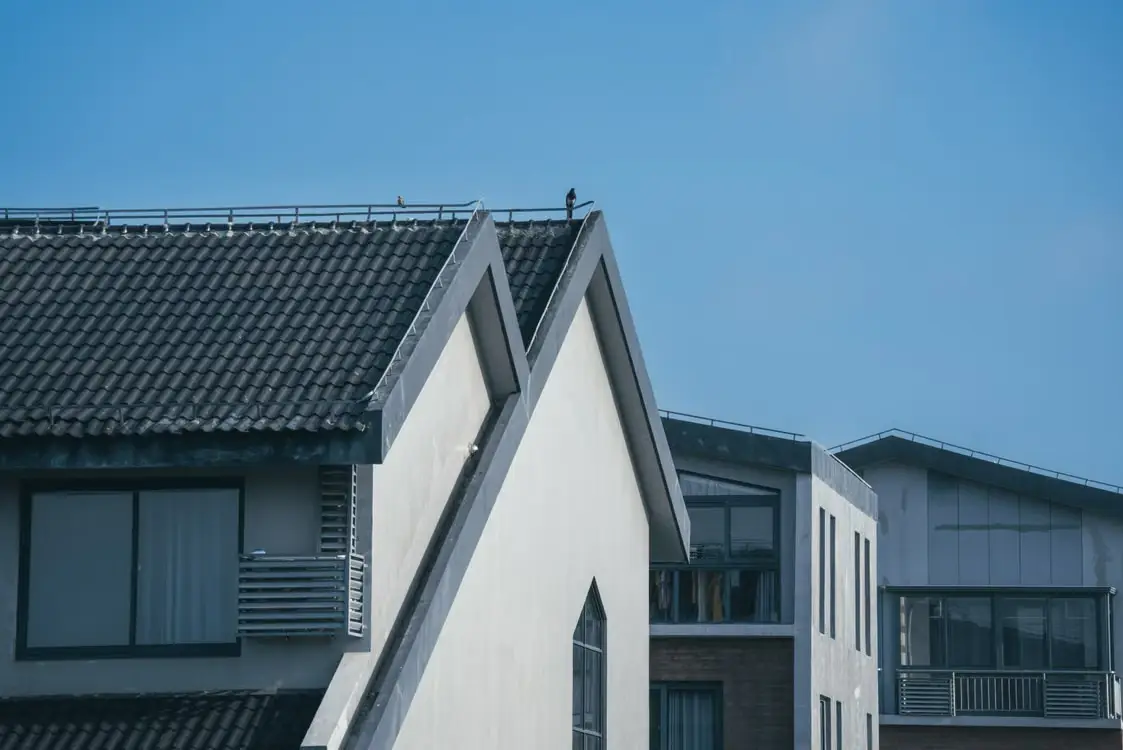 Modern houses with dark tiled roofs under clear blue sky