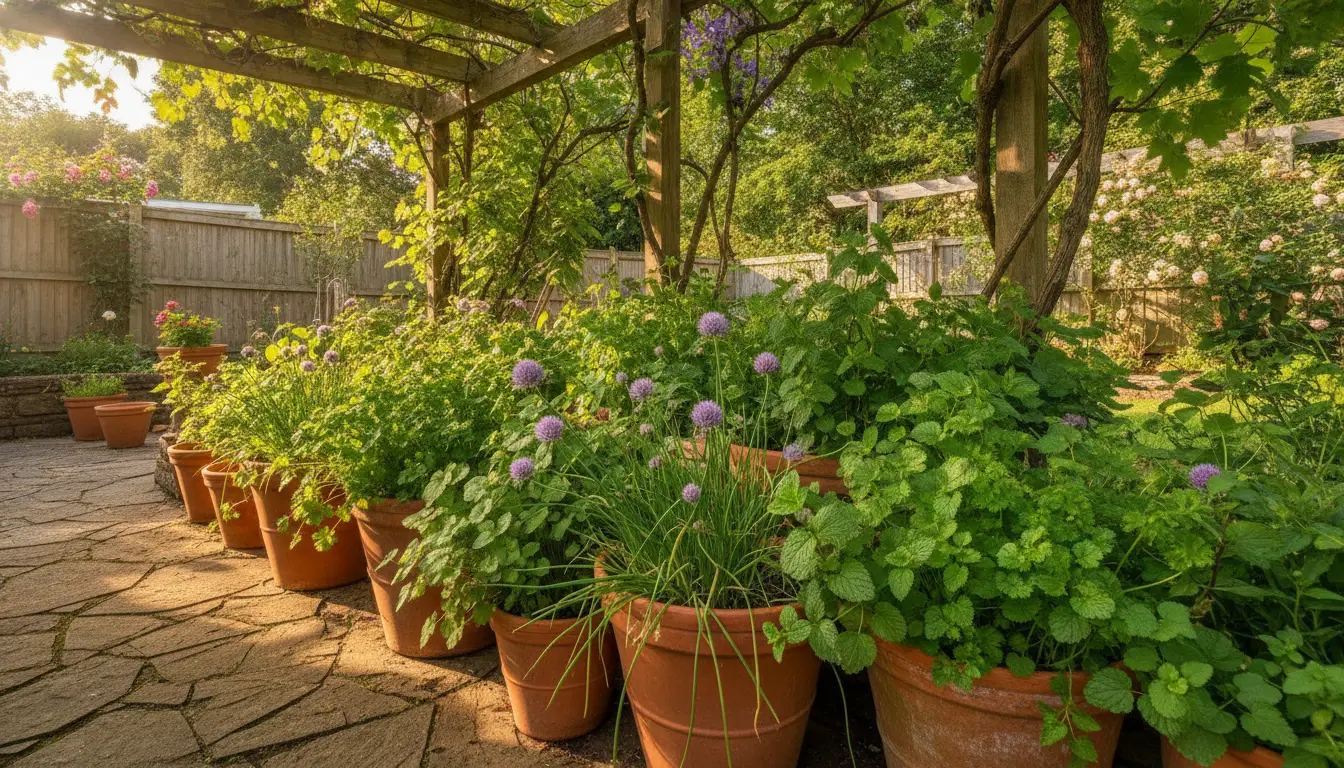 Potted plants with purple flowers under a wooden pergola in a sunlit garden