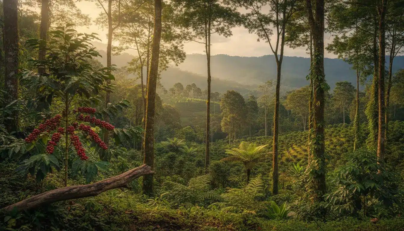 Lush coffee plantation with ripe red berries in tropical forest under golden morning light
