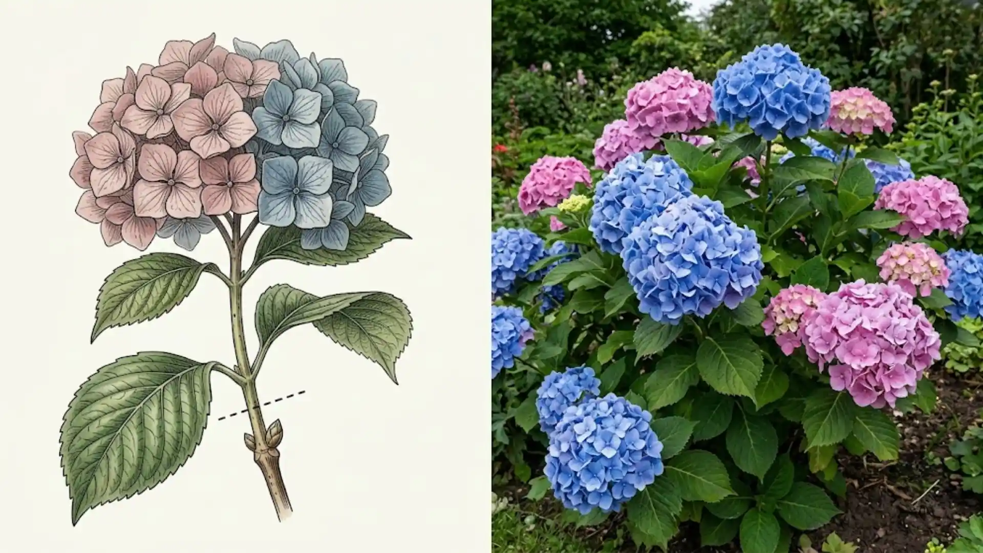 bigleaf hydrangea mophead blooms beside a botanical illustration of a pruning cut above a bud
