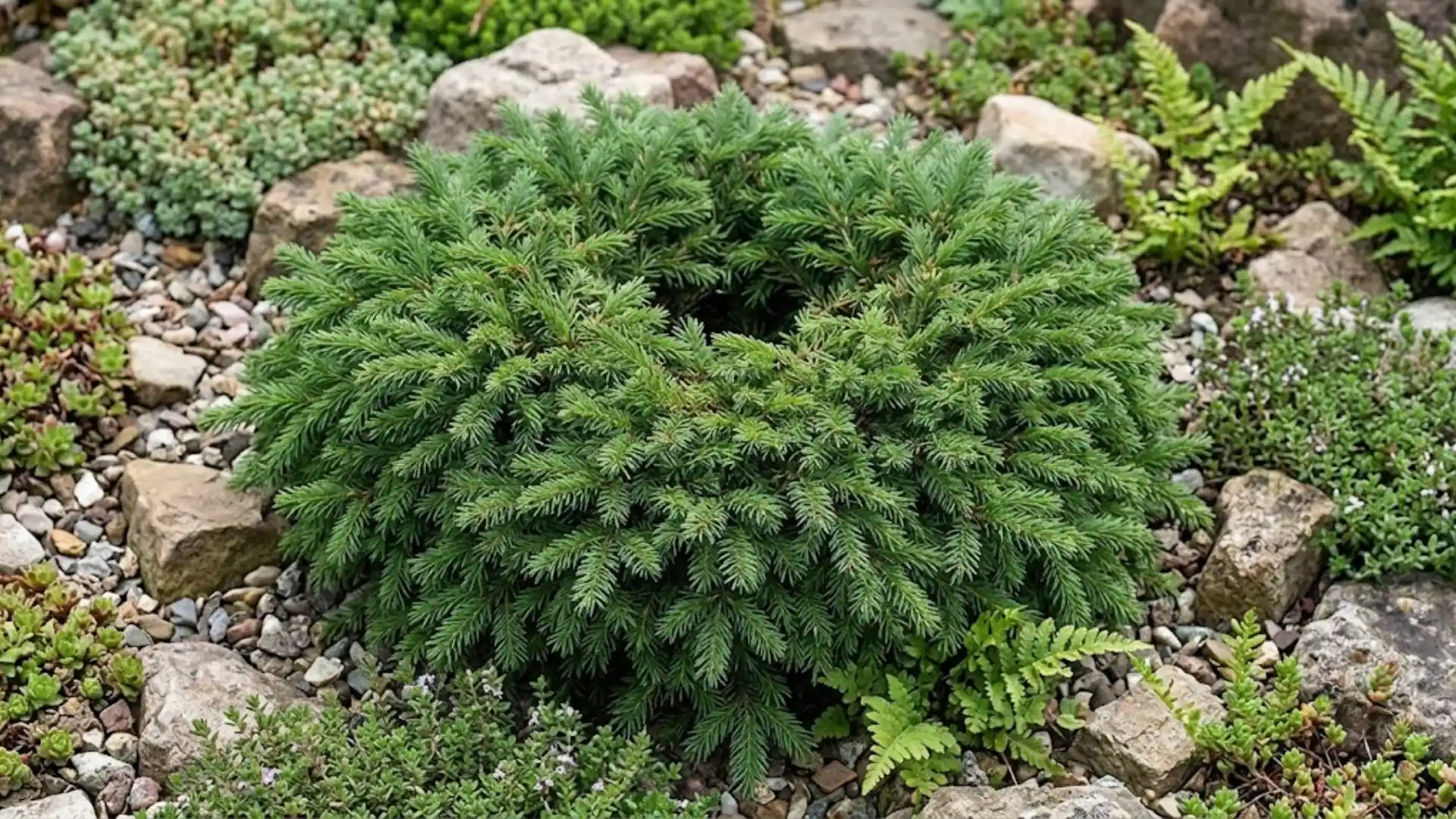 bird's nest spruce with flattened rounded shape in a rock garden