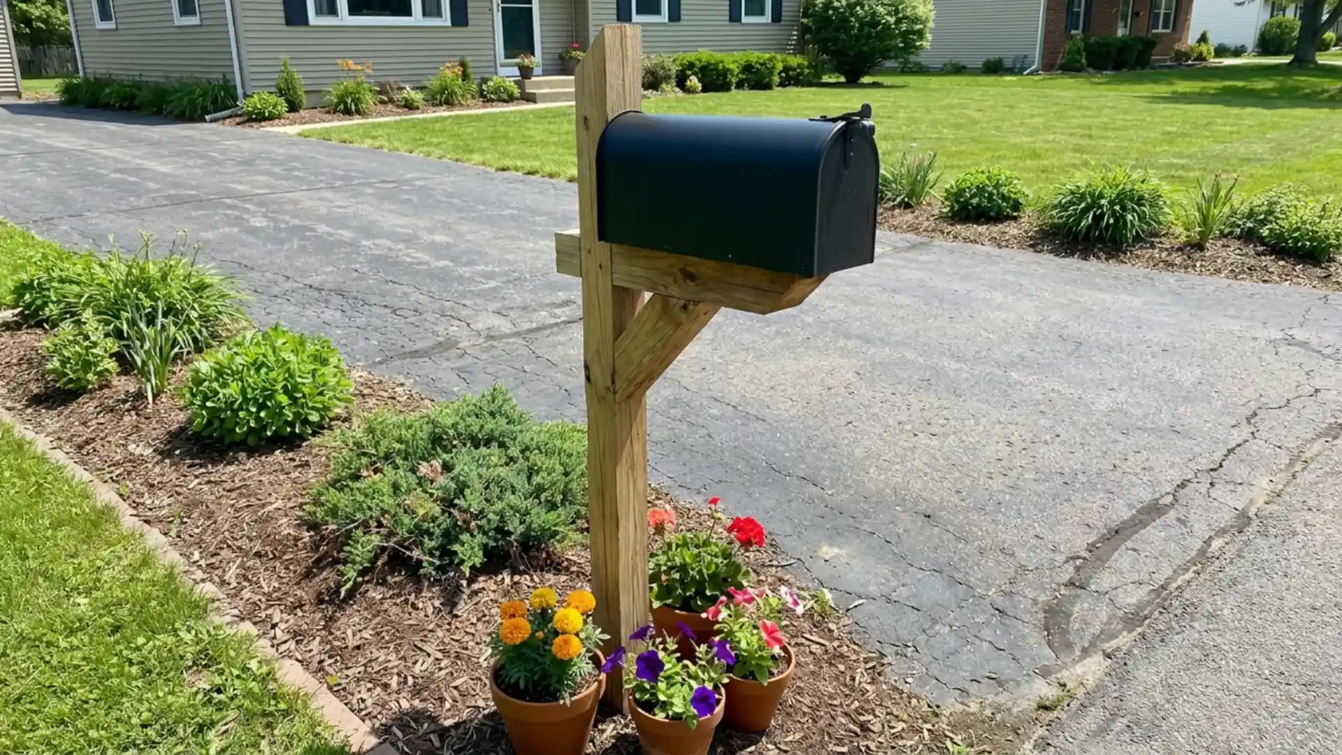 black mailbox on wood post with potted marigolds and petunias at driveway edge