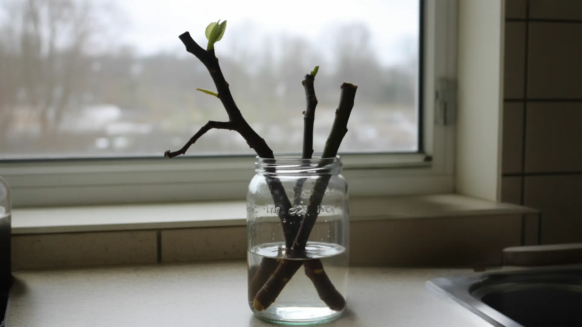 black mission fig hardwood cuttings rooting in a glass jar of water on windowsill