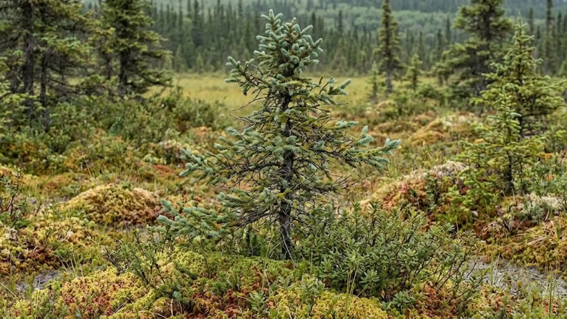 black spruce tree with narrow irregular crown growing in a boreal bog