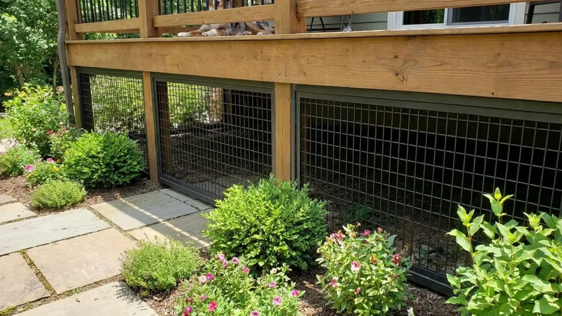 black wire mesh deck skirting panels with dog resting above on deck