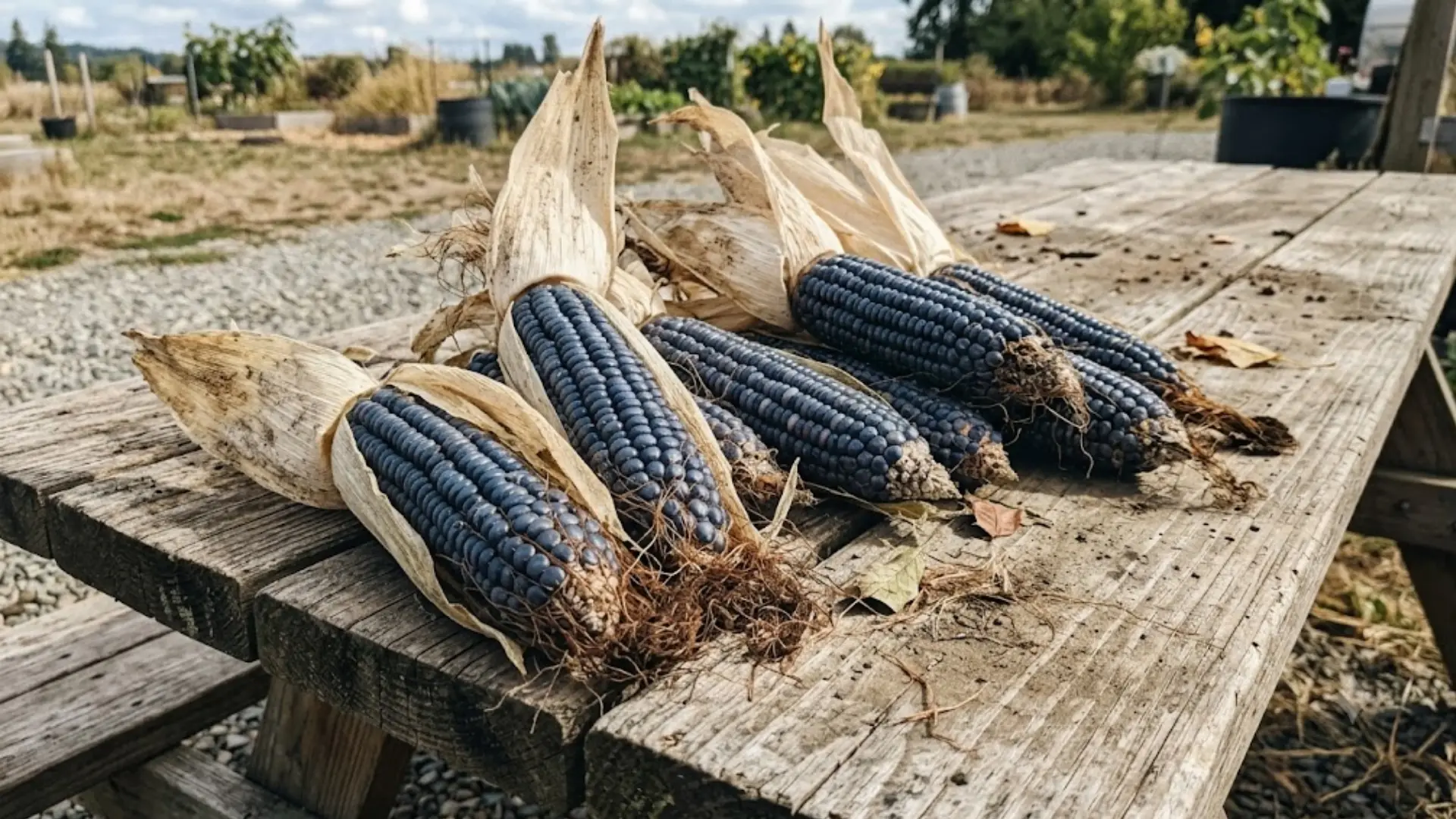 blue corn ears with deep navy kernels arranged naturally on a rustic wooden tabletop