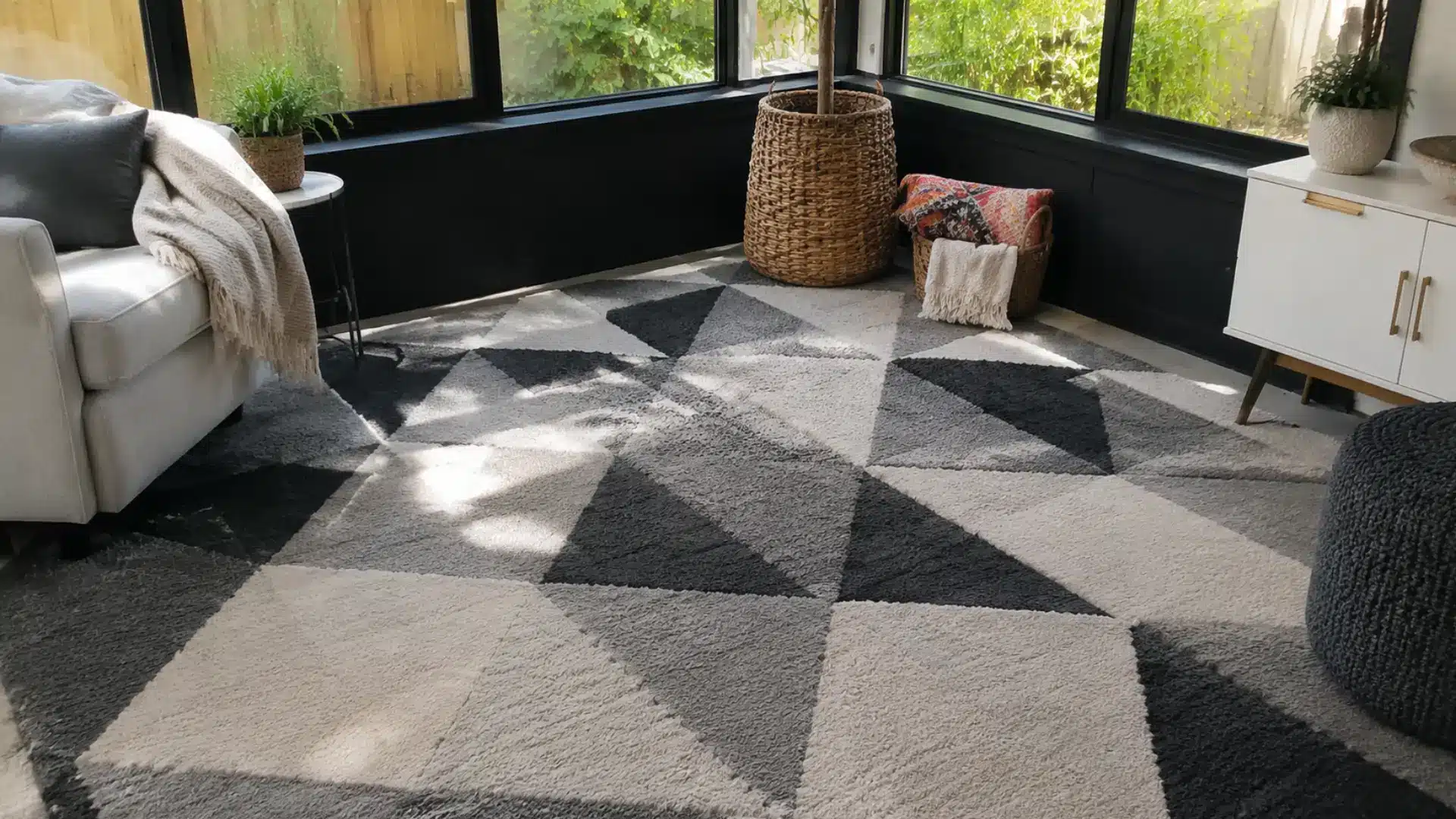 bold geometric black and white area rug in a modern sunroom seating corner