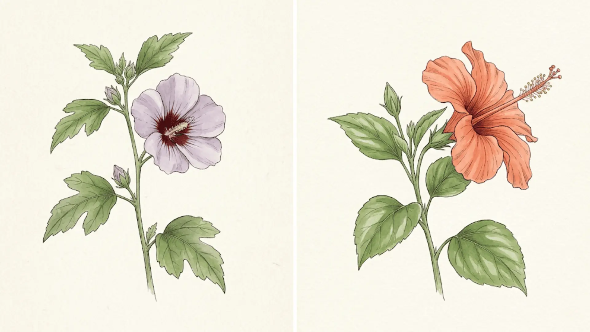 botanical illustration of rose of sharon and tropical hibiscus flowers side by side