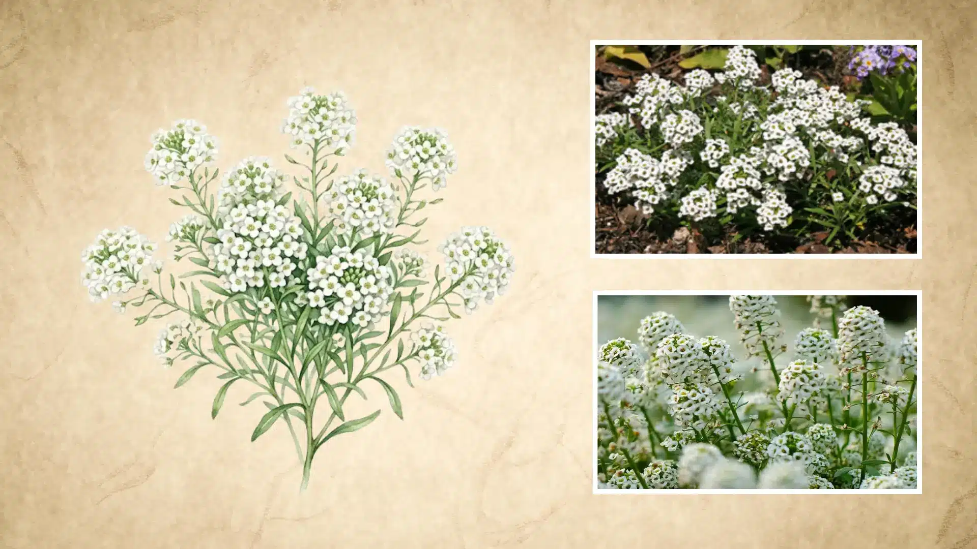 botanical sketch of sweet alyssum next to real photos of clustered tiny white flowers blooming outdoors
