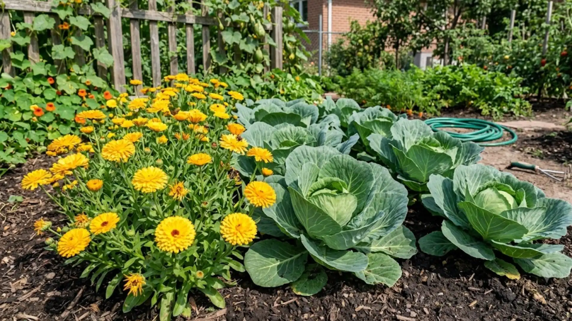 bright calendula flowers planted beside cabbage to encourage beneficial insects in the garden