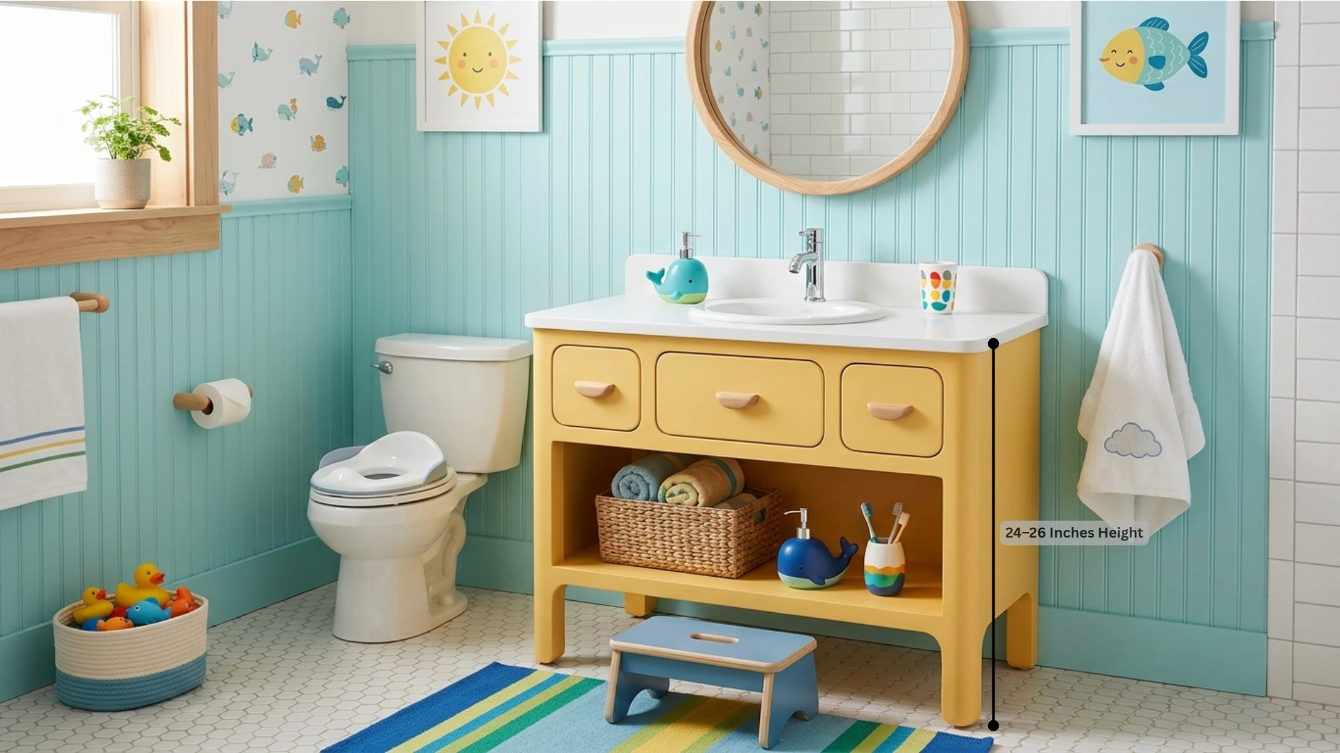 bright yellow vanity in a bathroom with blue walls, showcasing a cheerful and contemporary design