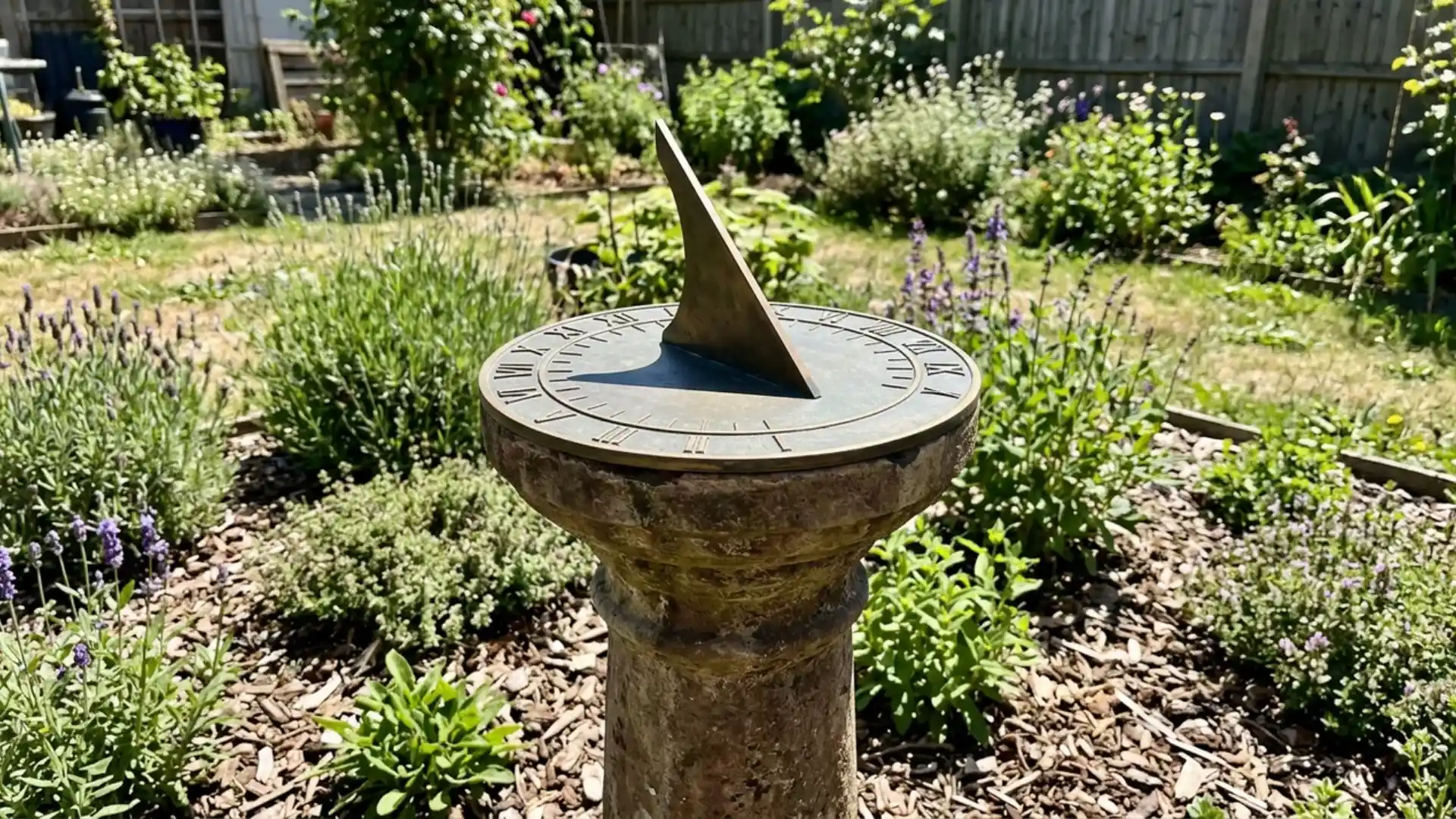 bronze garden sundial on stone pedestal surrounded by lavender and herb beds