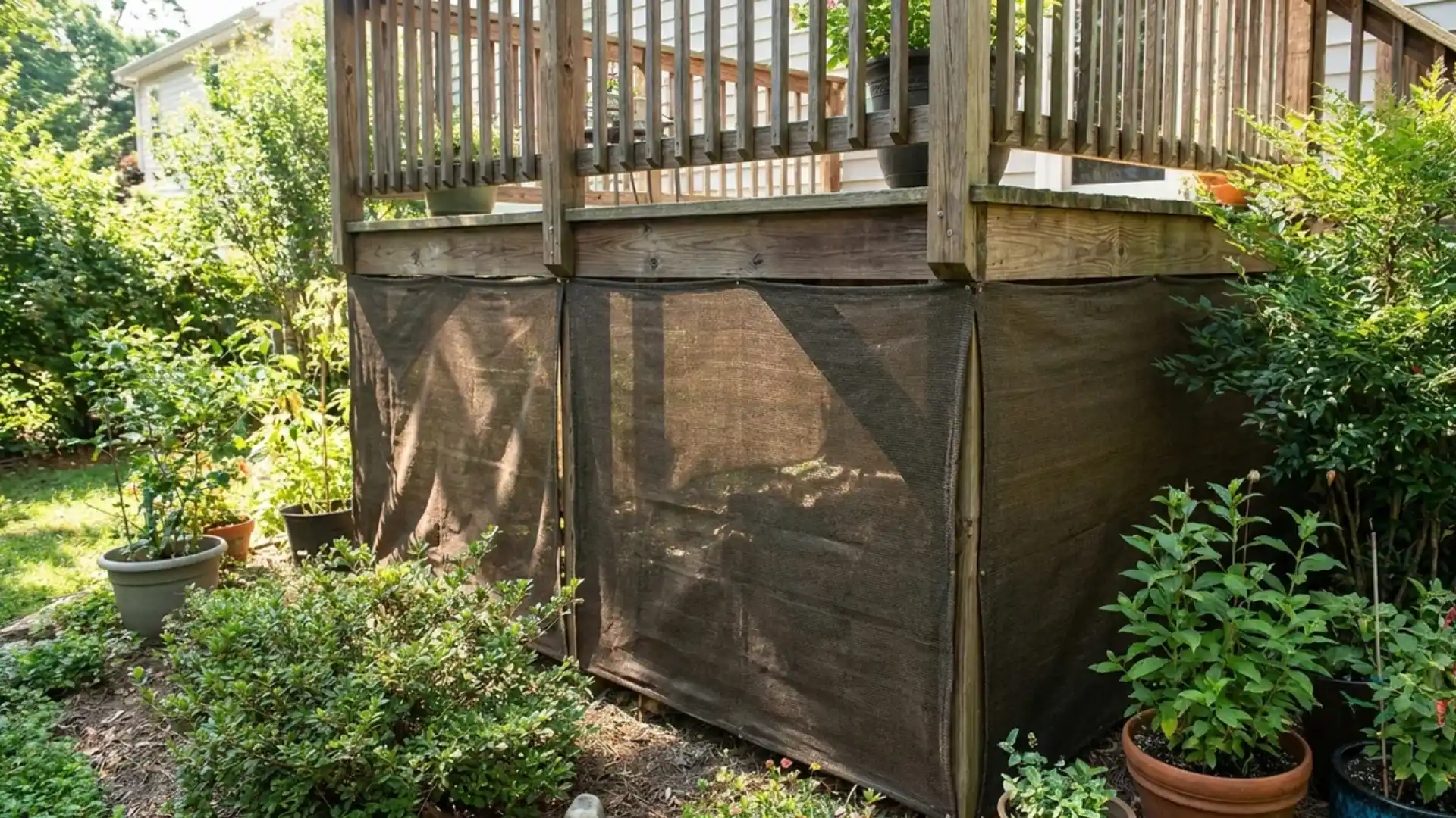 brown mesh fabric deck skirting screen surrounded by shrubs and potted plants