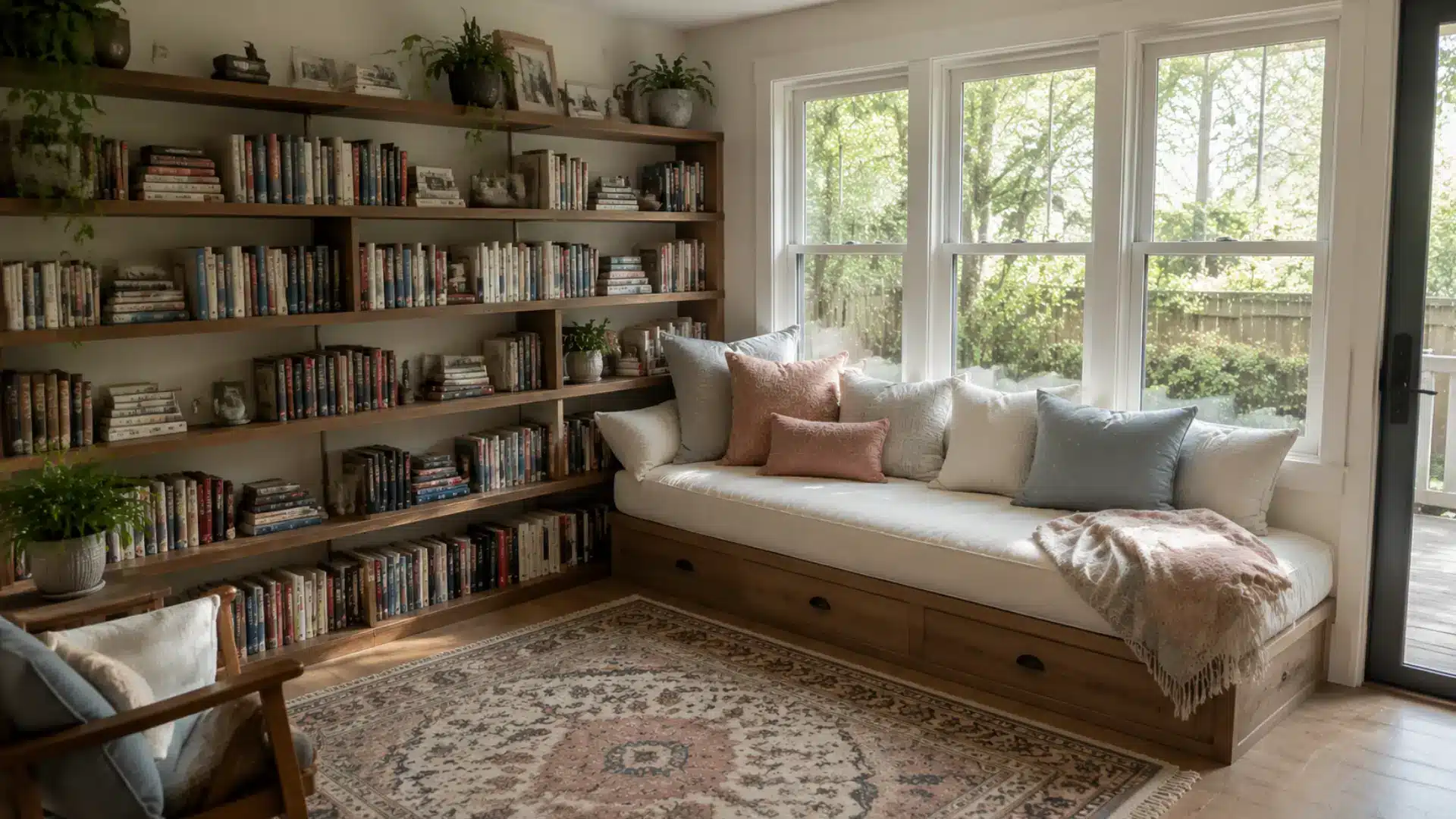 built in bookshelf beside a cushioned daybed nook in a sunroom reading corner