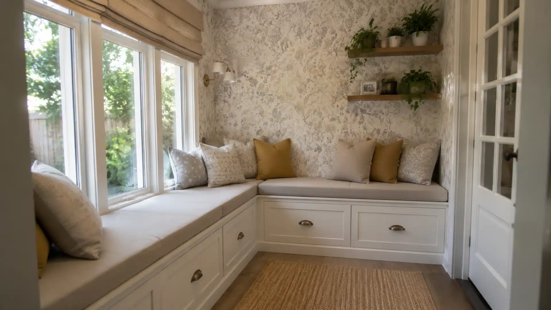 built in corner bench seating with cushions and pillows in a cozy sunroom