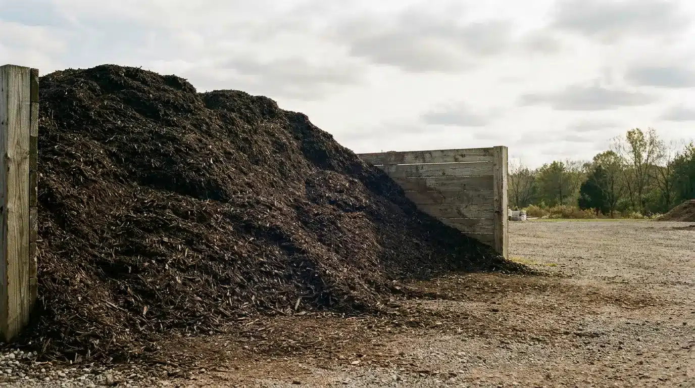 Pile of compost material in a wooden enclosure on a gravel lot under cloudy sky