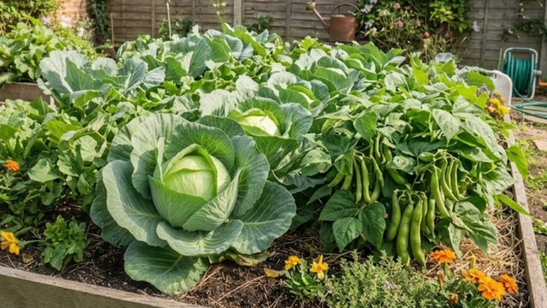 bush bean plants growing beside healthy cabbage in a productive companion planting vegetable garden