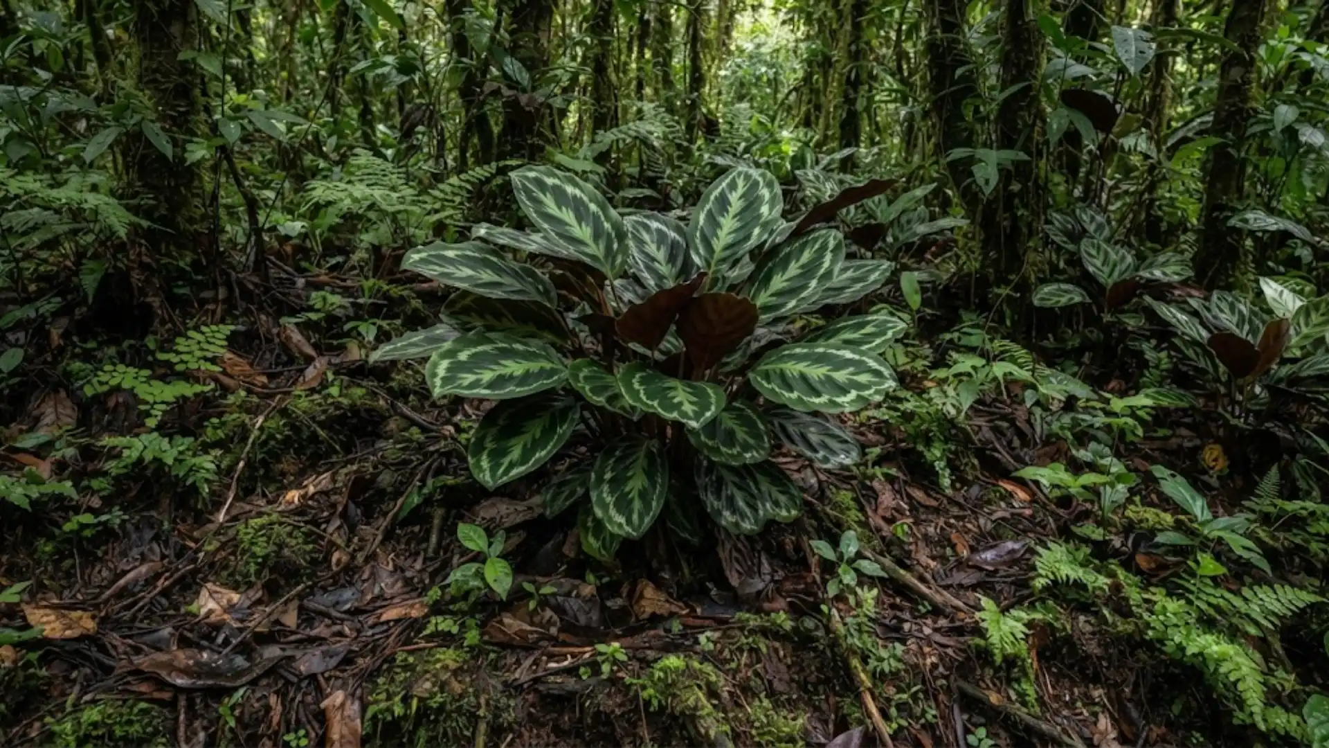 calathea carlae growing in a shaded tropical forest understory