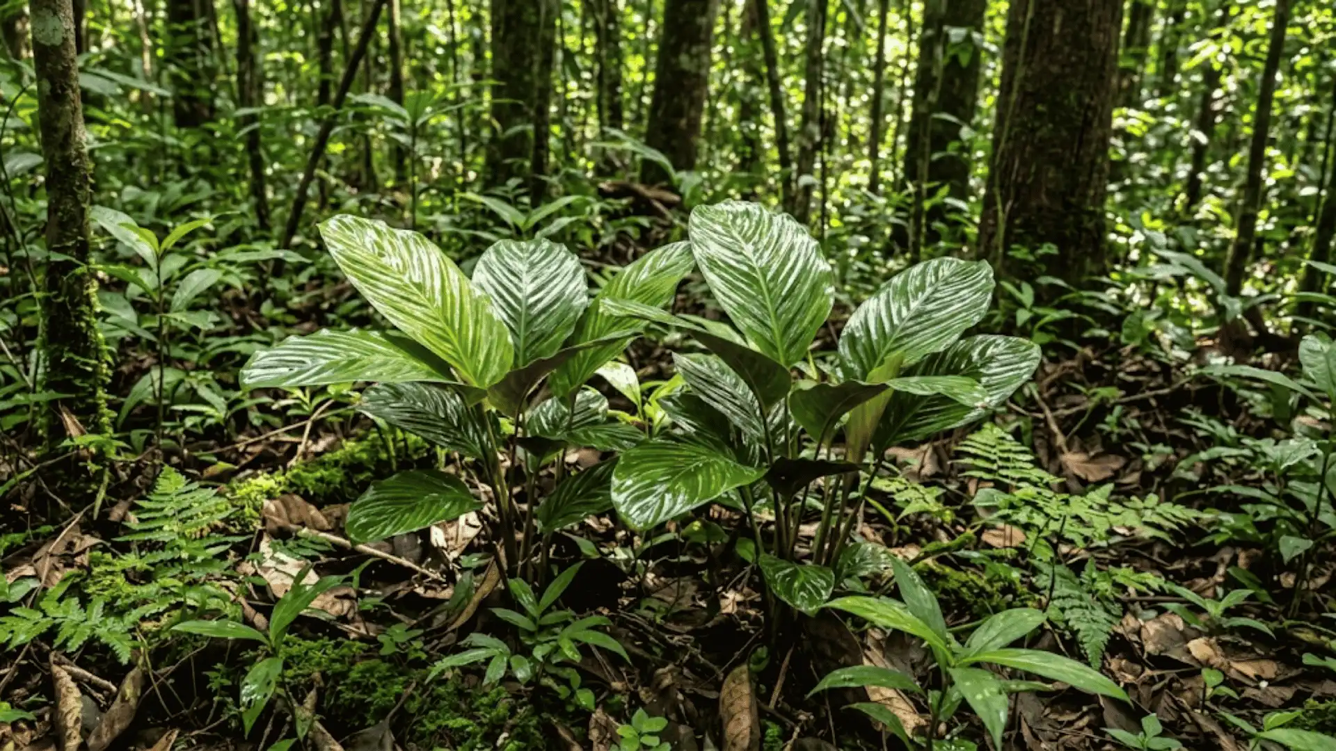 calathea nitens with glossy leaves in tropical forest light