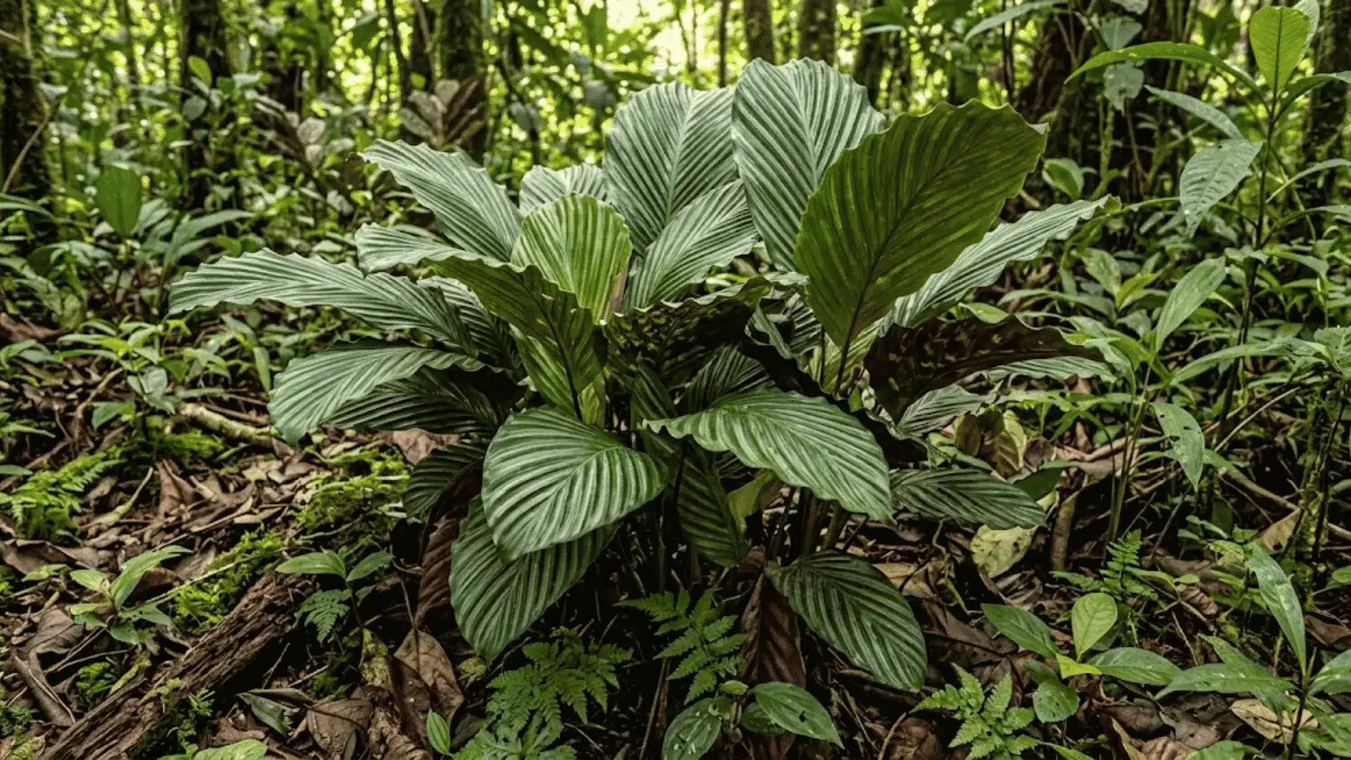 calathea pluriplicata with pleated leaves in colombian forest