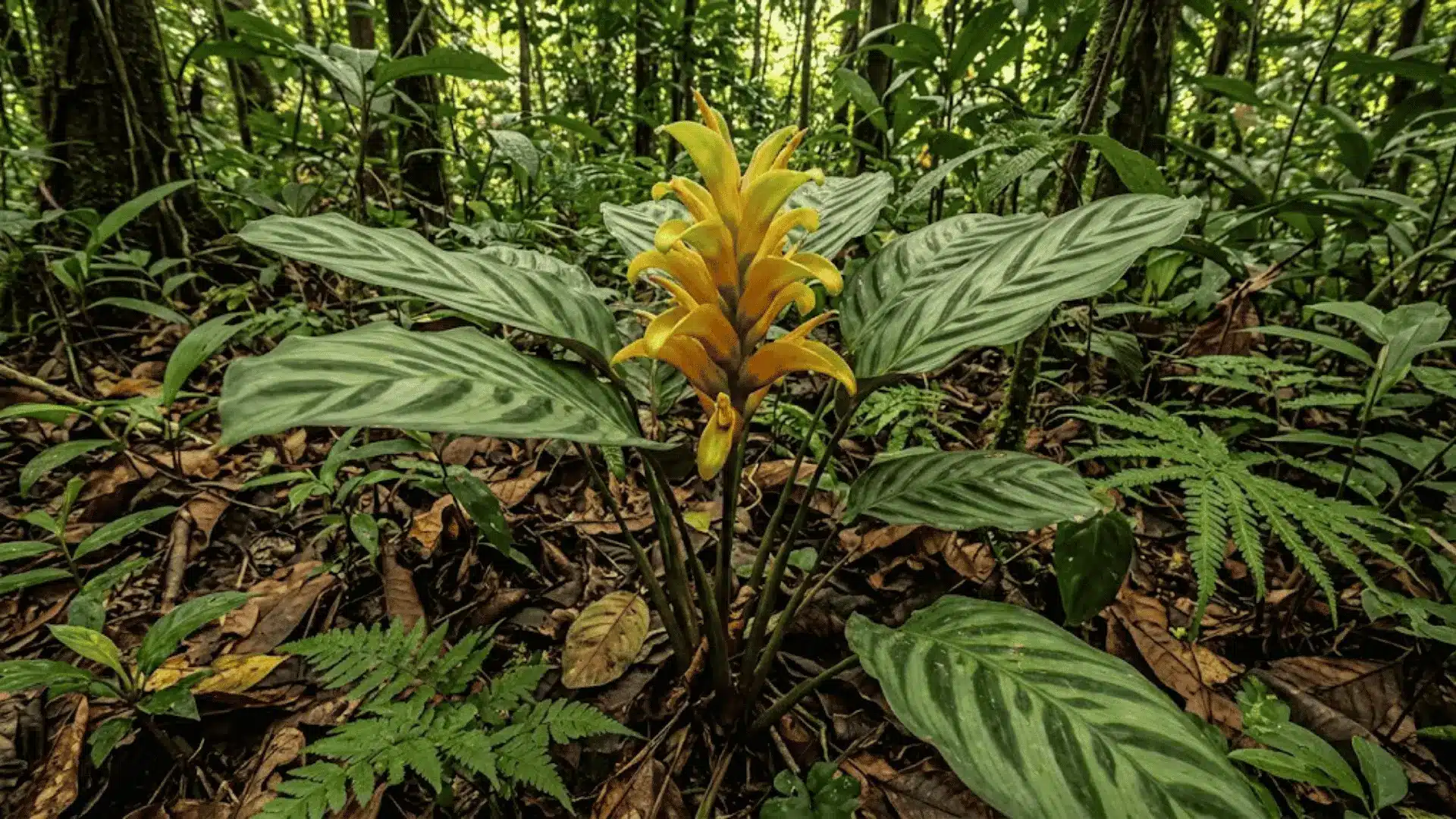 calathea retroflexa with curved bracts in tropical forest shade