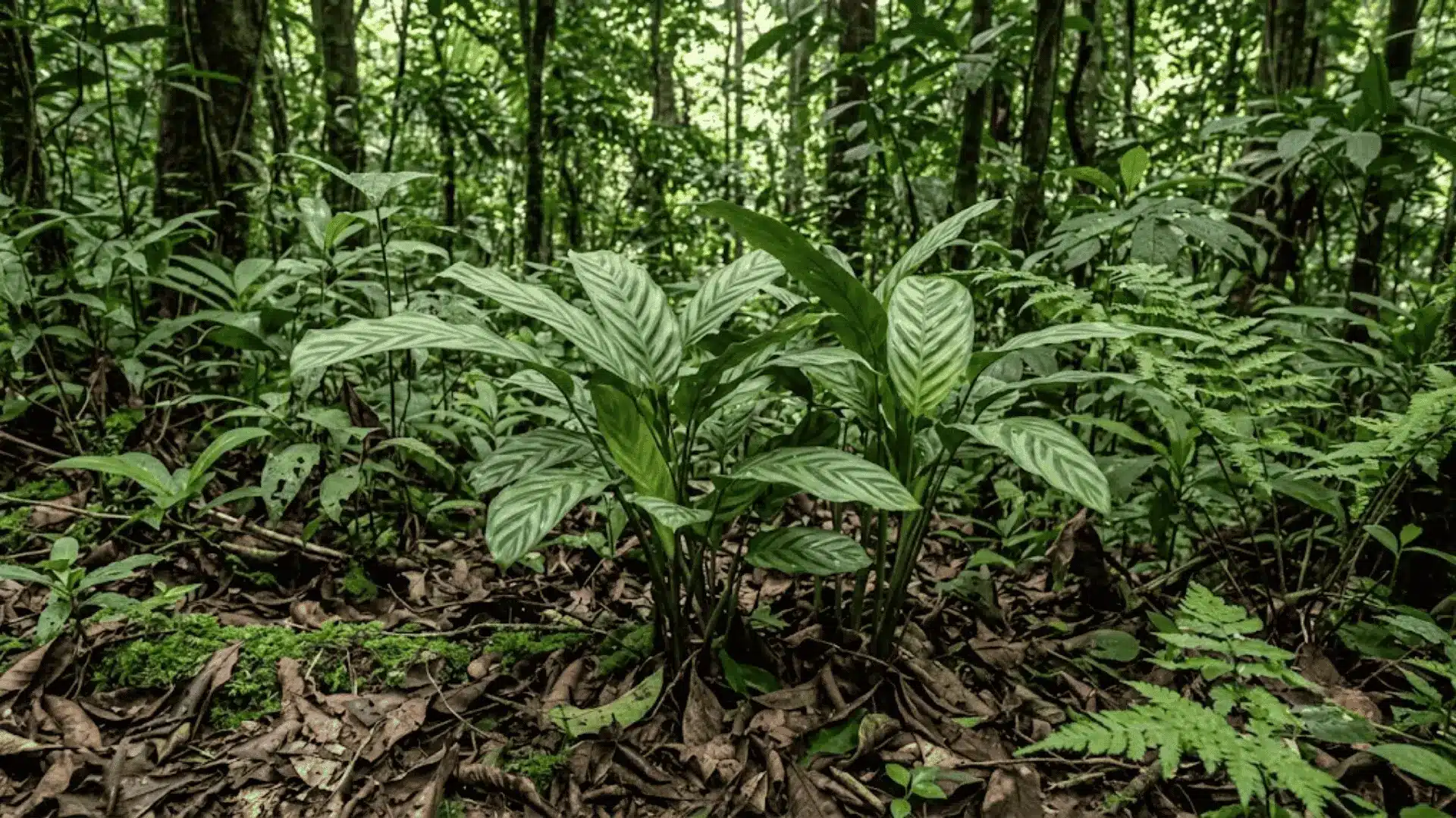calathea similis growing among tropical understory foliage