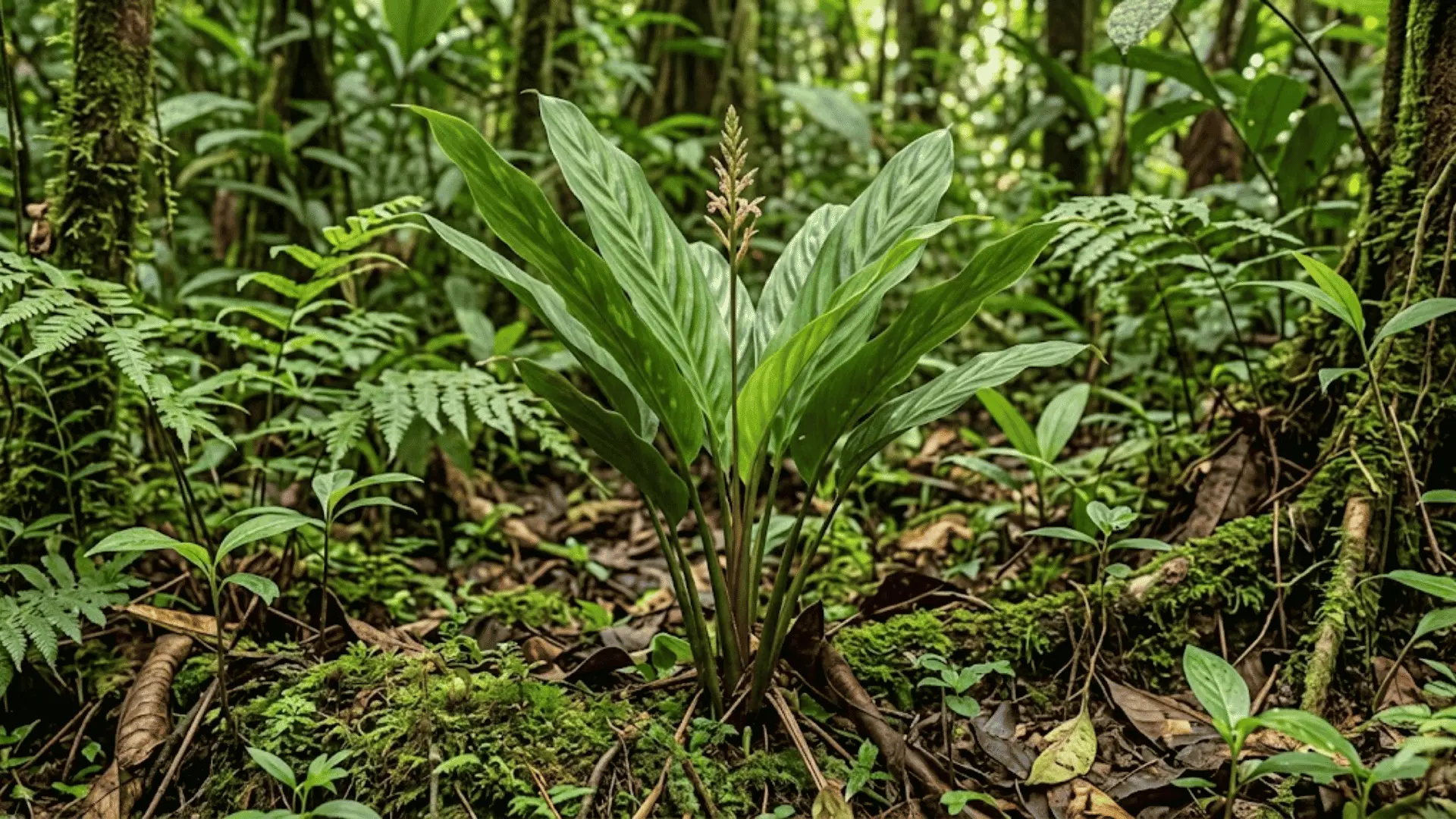 calathea trianae with a slender flower spike in colombian forest