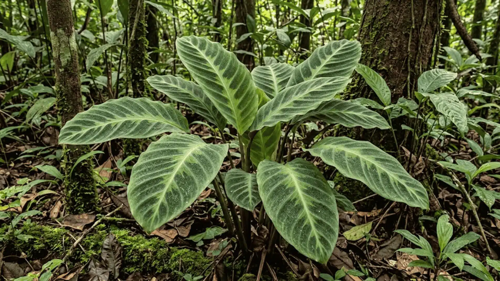 calathea verruculosa leaves in a humid south american forest