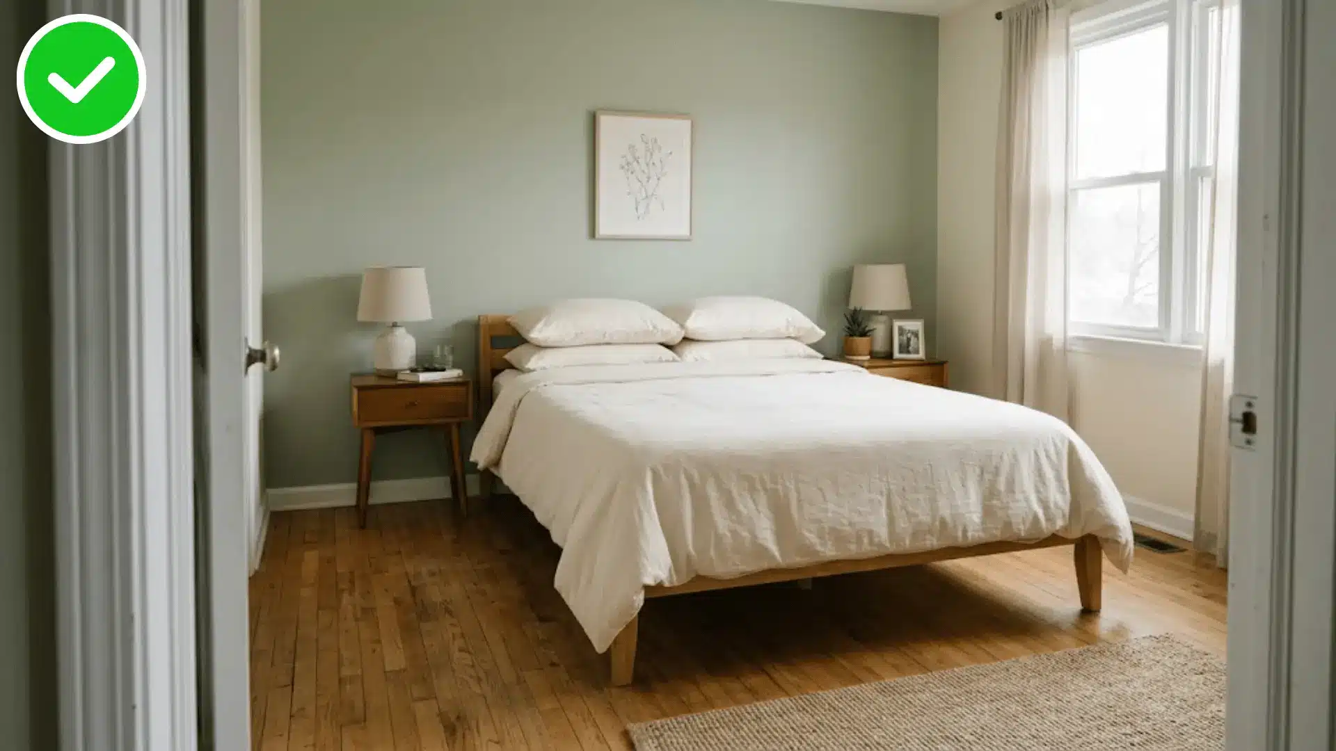 calm bedroom viewed from the doorway with a centered bed and open floor on both sides