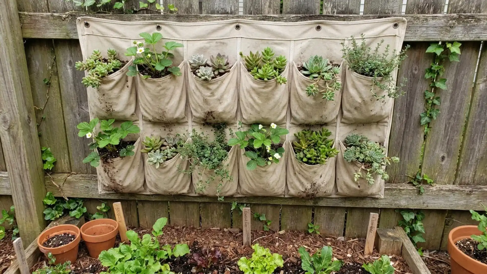 canvas shoe organizer planter with succulents and strawberries hanging on wood fence