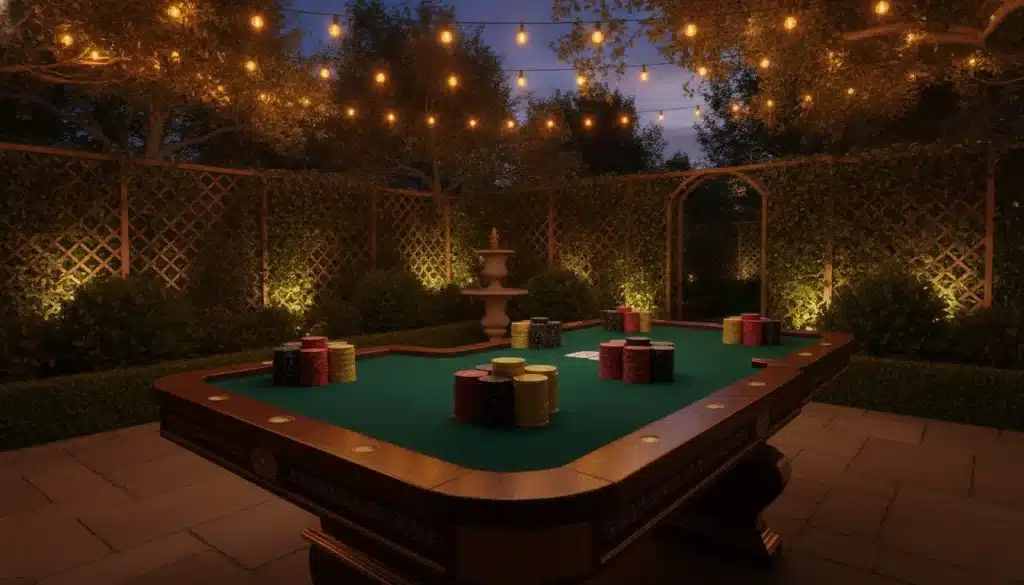 Poker table with chips under string lights in outdoor garden setting