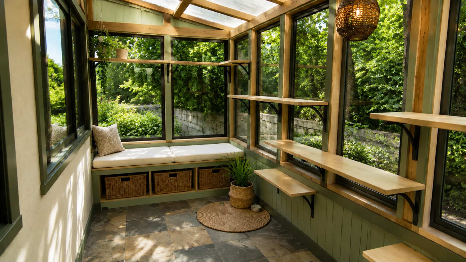 catio style sunroom with window perches and a cushioned bench for pets