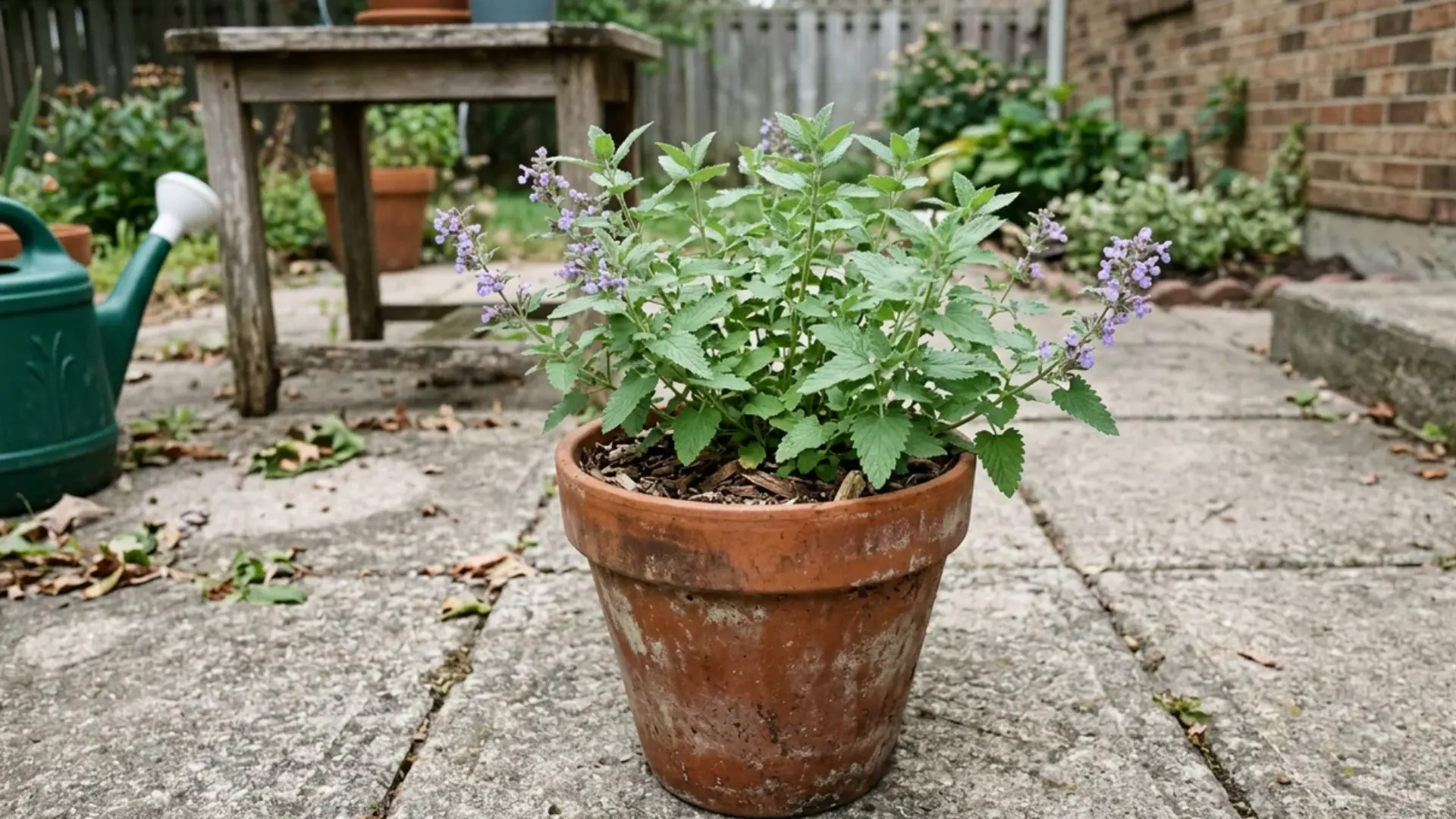 catnip plant growing in a terracotta pot on a patio