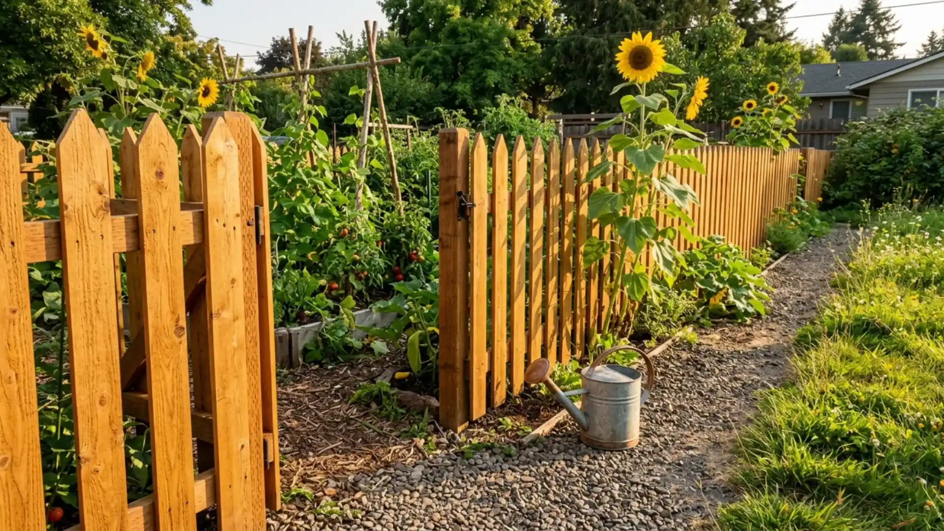 cedar picket fence gate enclosing vegetable garden with sunflowers and watering can