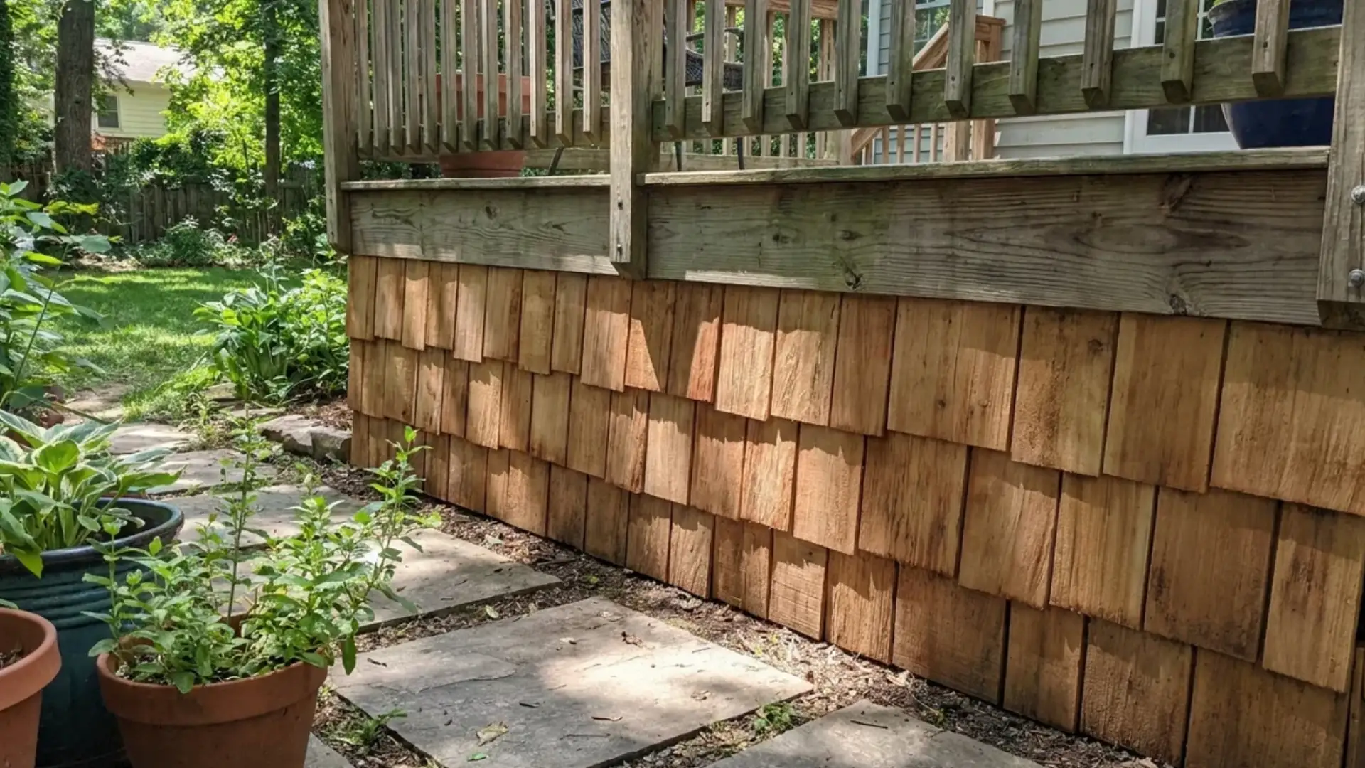 cedar shake shingle deck skirting along stone path with potted plants nearby