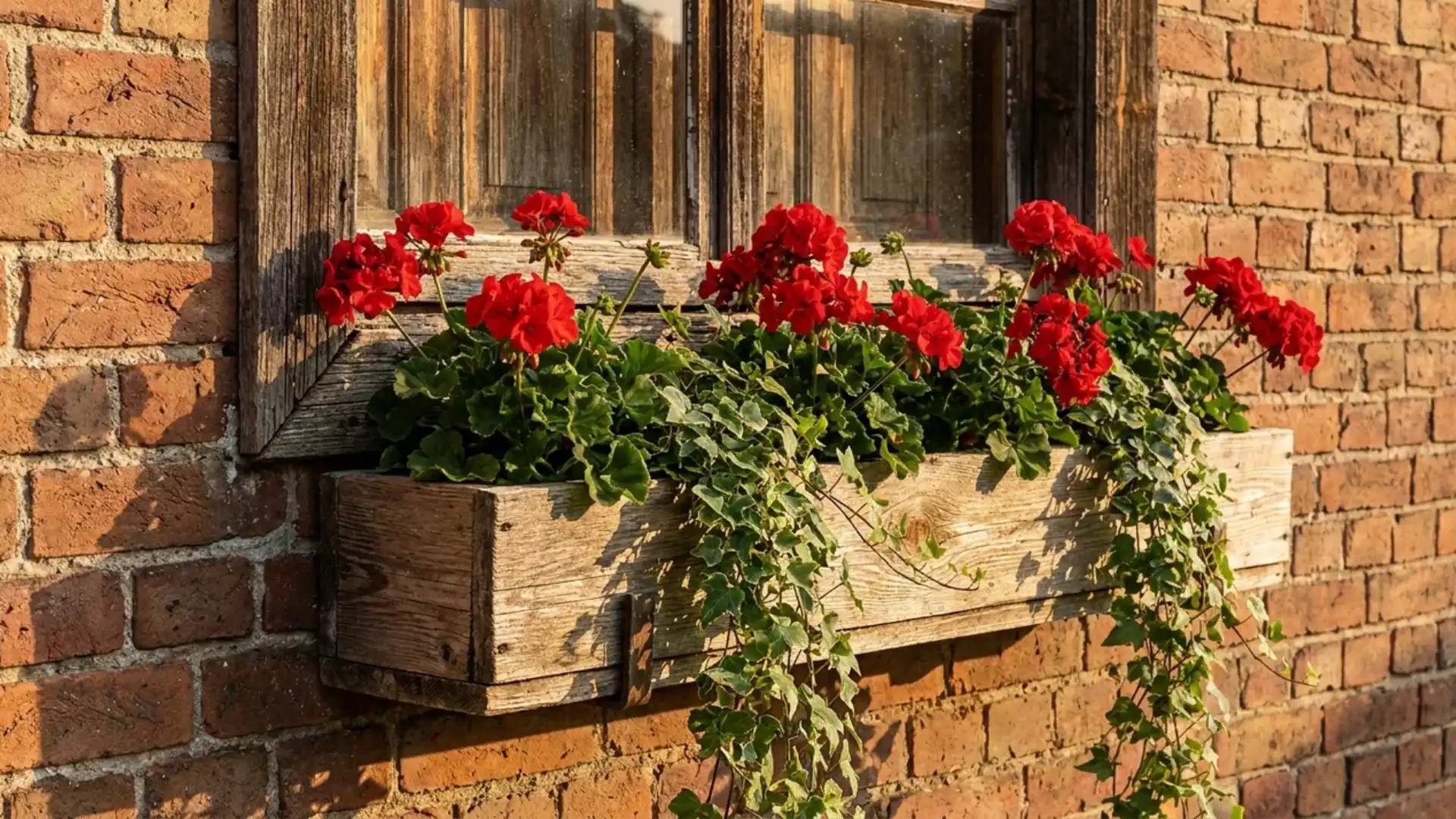 cedar window box with red geraniums and trailing ivy mounted on brick wall exterior