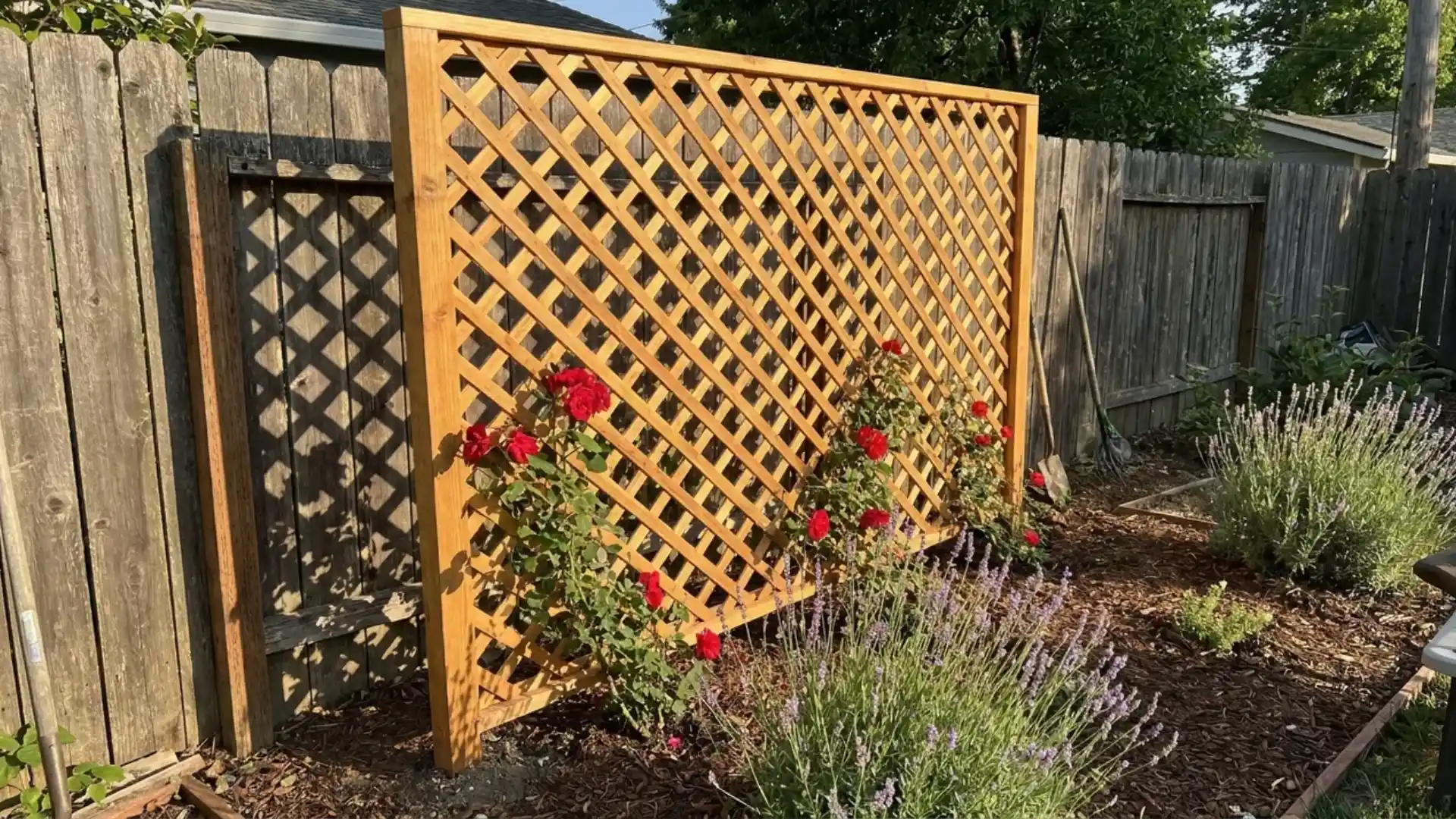 cedar wood lattice trellis mounted on wood fence with climbing rose vine in garden